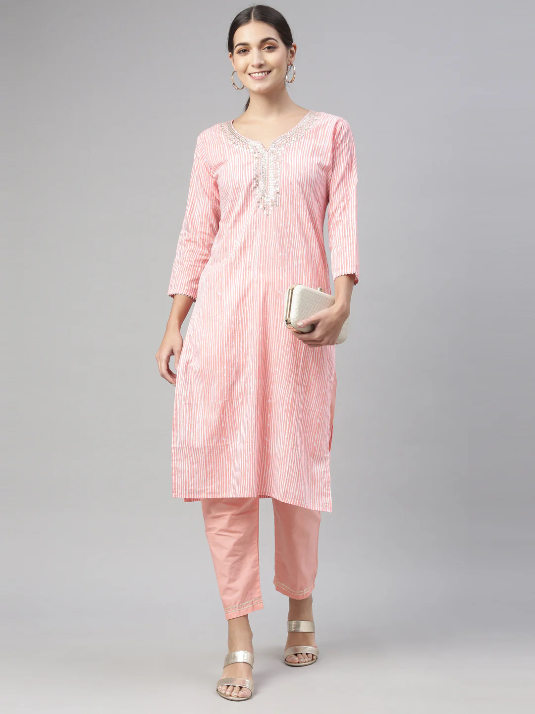 Neerus Pink Color Cotton Fabric Kurta Set - Image 8