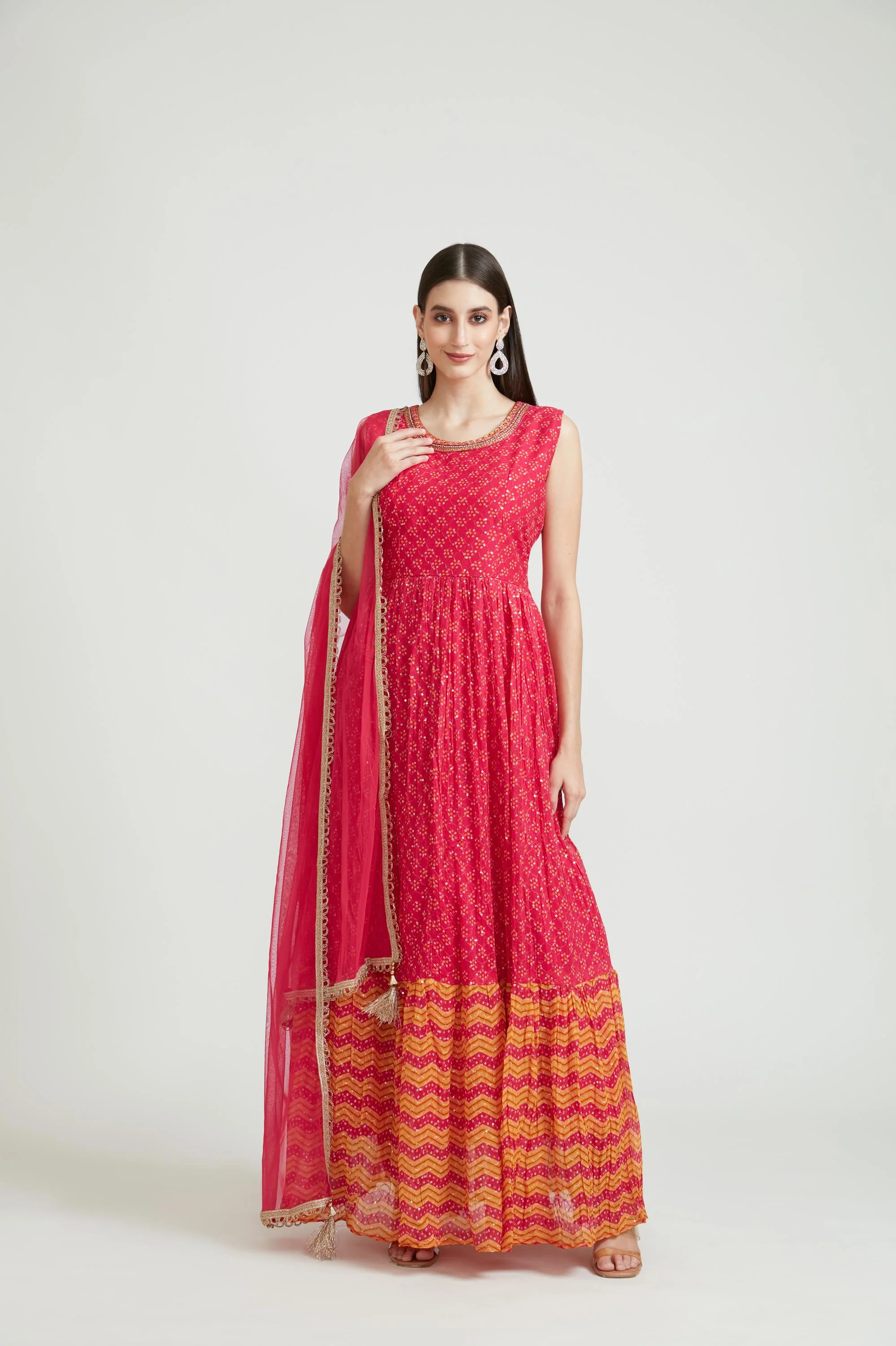 Neerus Pink Color Georgette Fabric Anarkali Suit Set