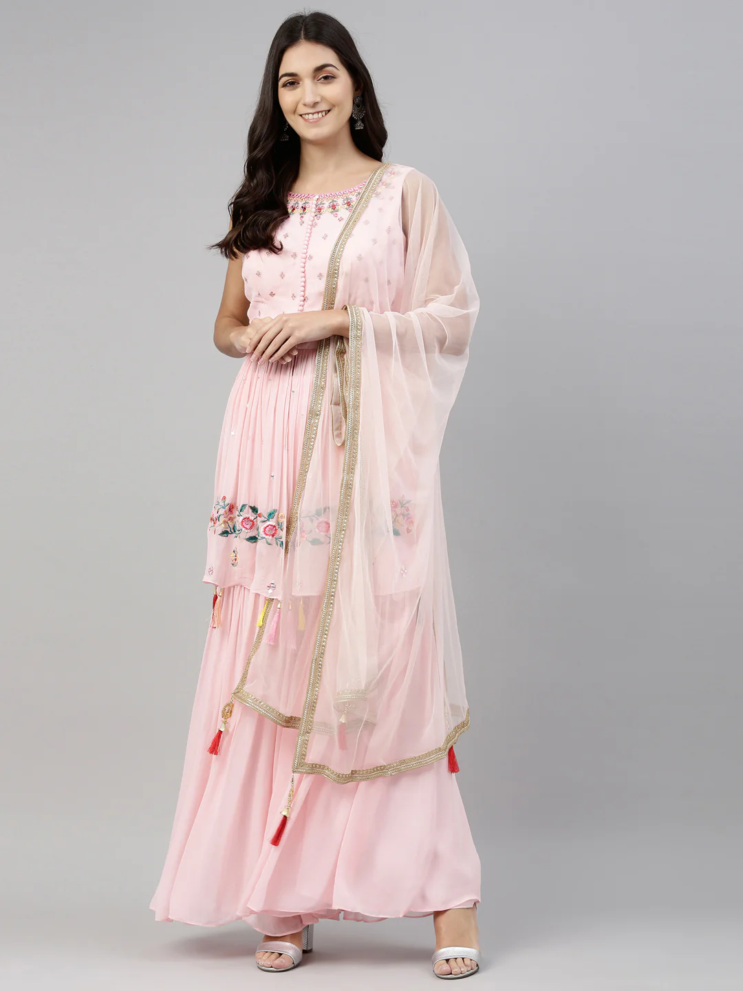 Neerus Pink Color Georgette Fabric Suit-Short Anarkali