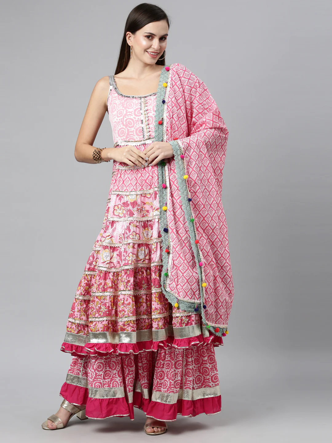 Neerus Pink Color Jute Cotton Fabric Kurta Sets With Dupatta - Image 9