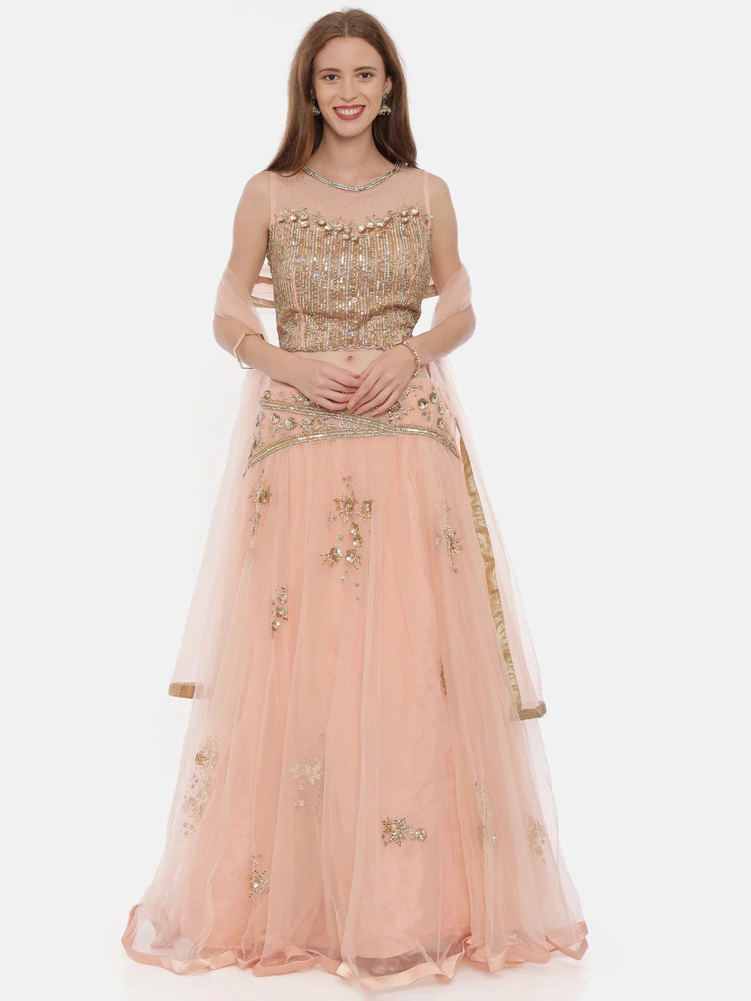 Neerus Pink Color Nett Fabric Ghagra Set