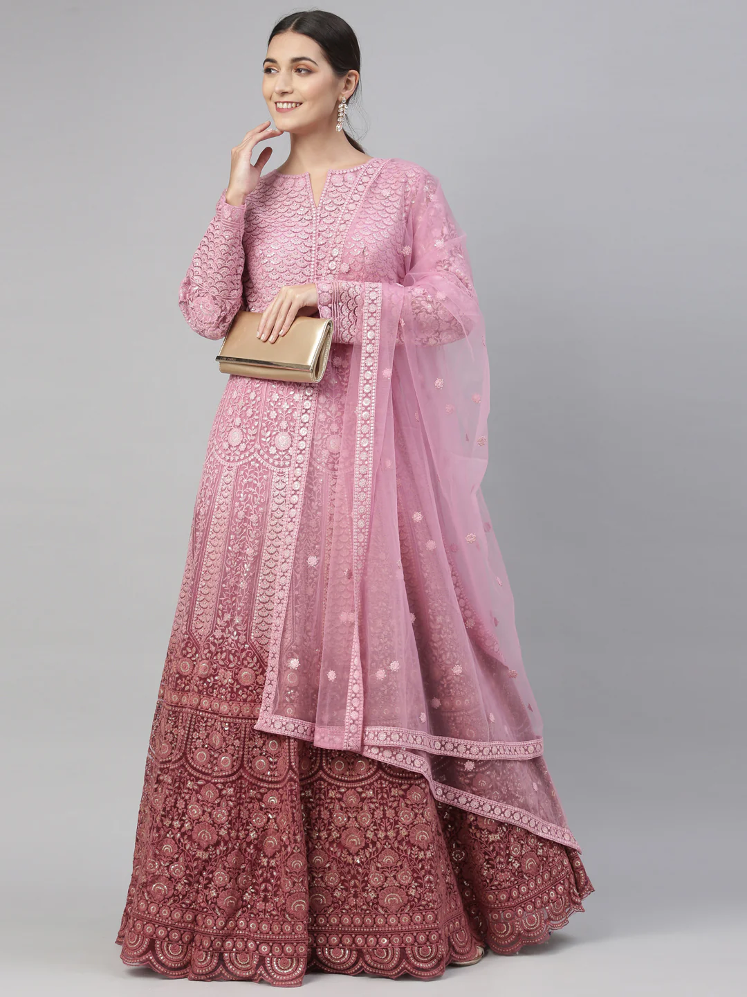 Neerus Pink Color Nett Fabric Gown - Image 29