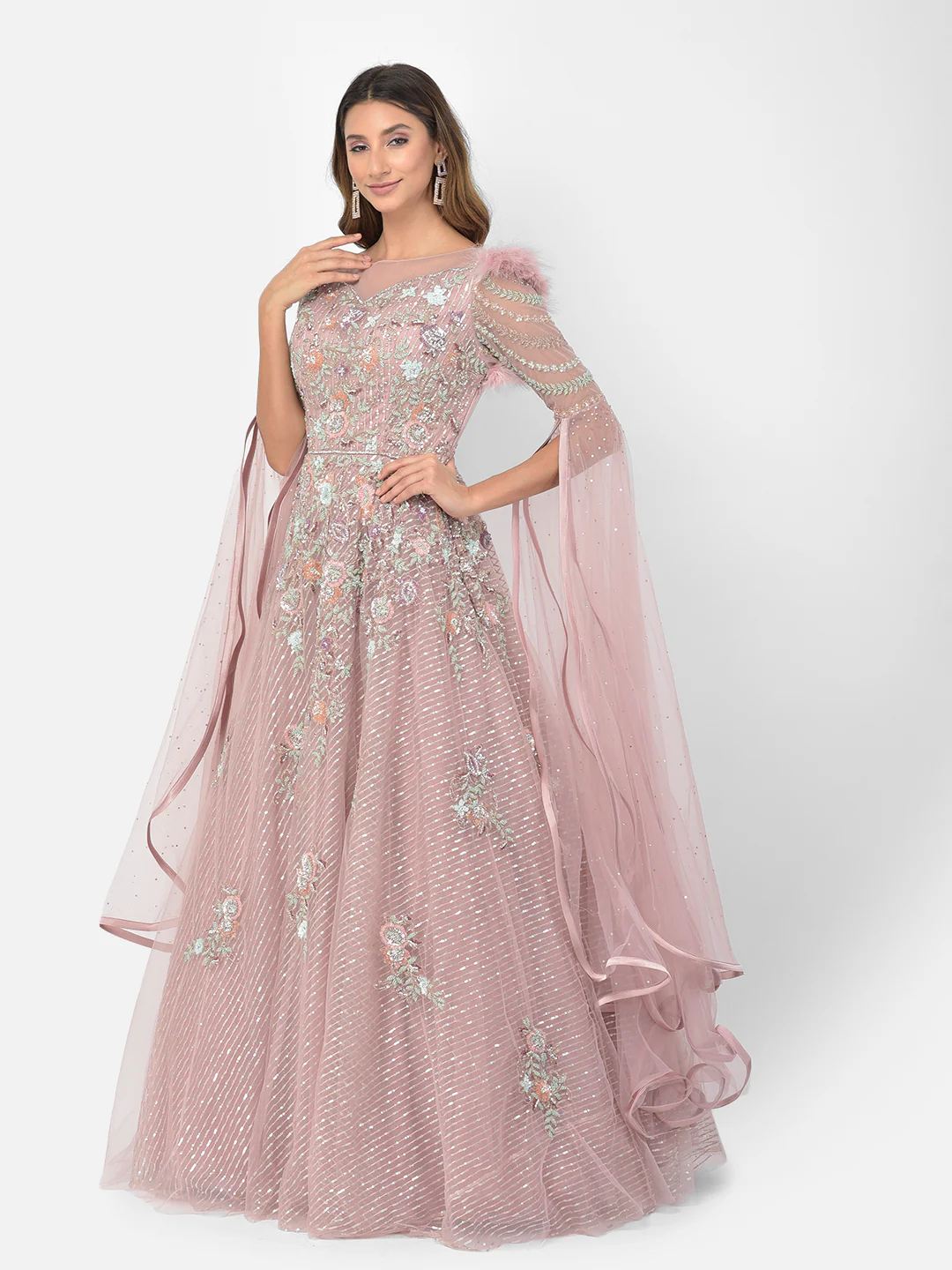Neerus Pink Color Nett Fabric Gown