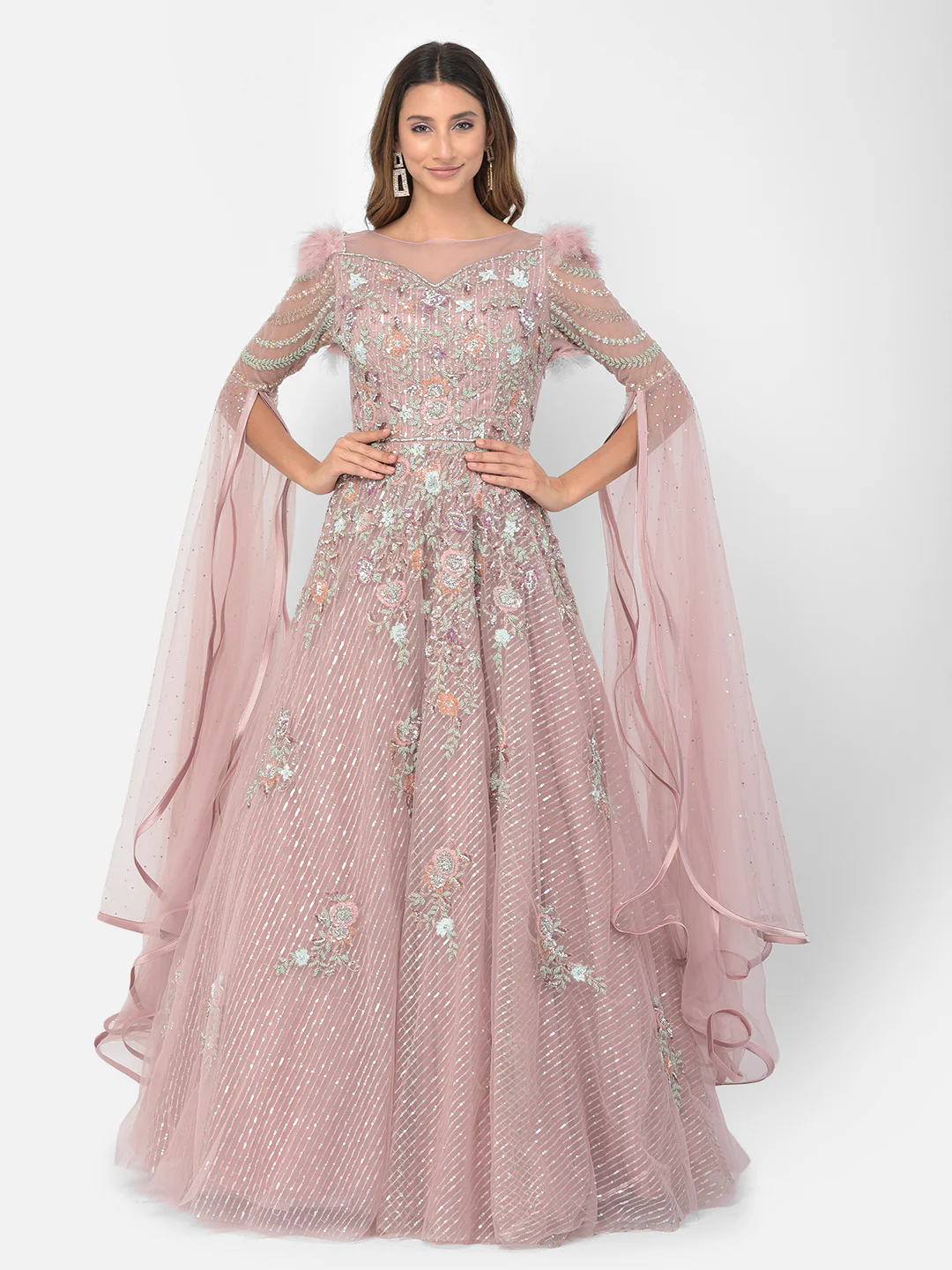 Neerus Pink Color Nett Fabric Gown - Image 5