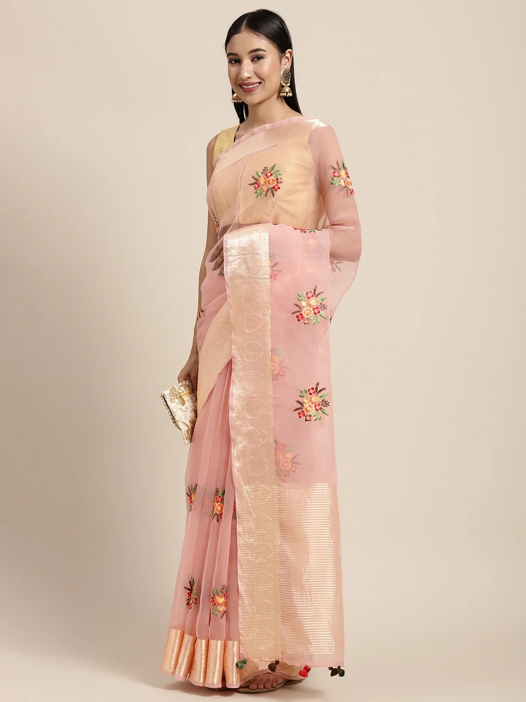 Neerus Pink Color Organza Fabric Saree