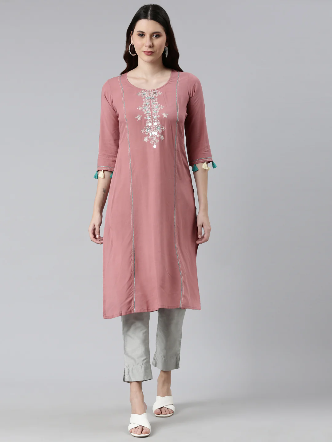 Neerus Pink Color Rayon Fabric Straight Kurta