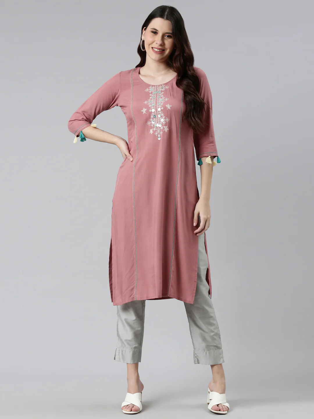 Neerus Pink Color Rayon Fabric Straight Kurta - Image 5