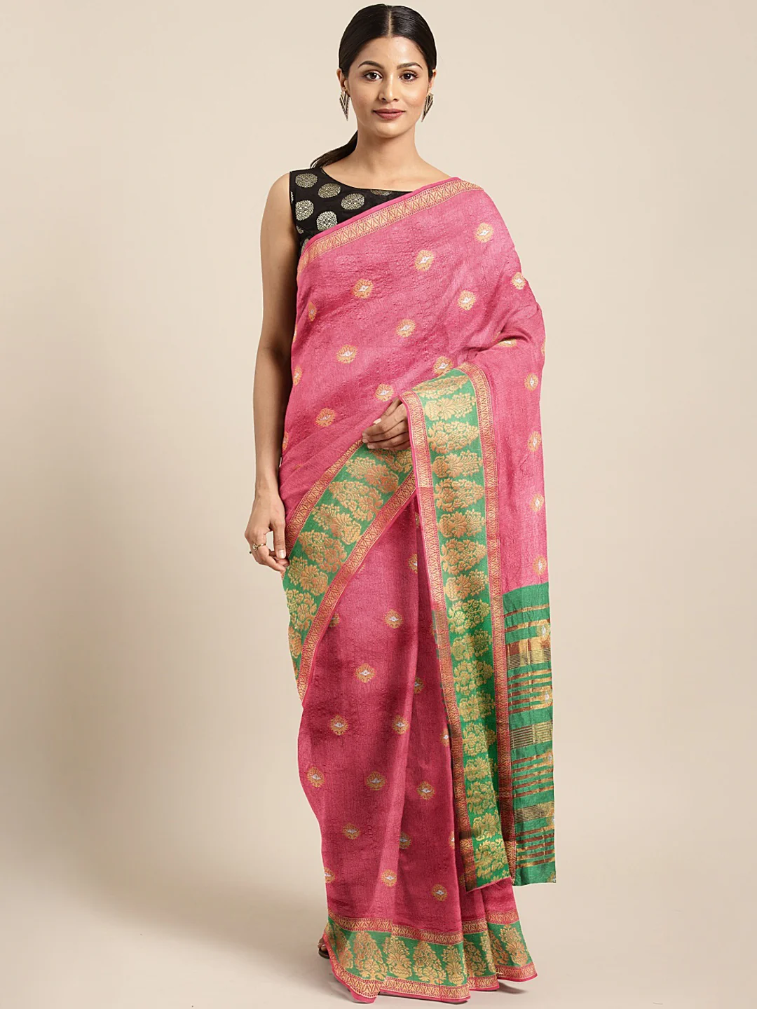 Neerus Pink Color Silk Cotton Fabric Saree With Blouse Piece