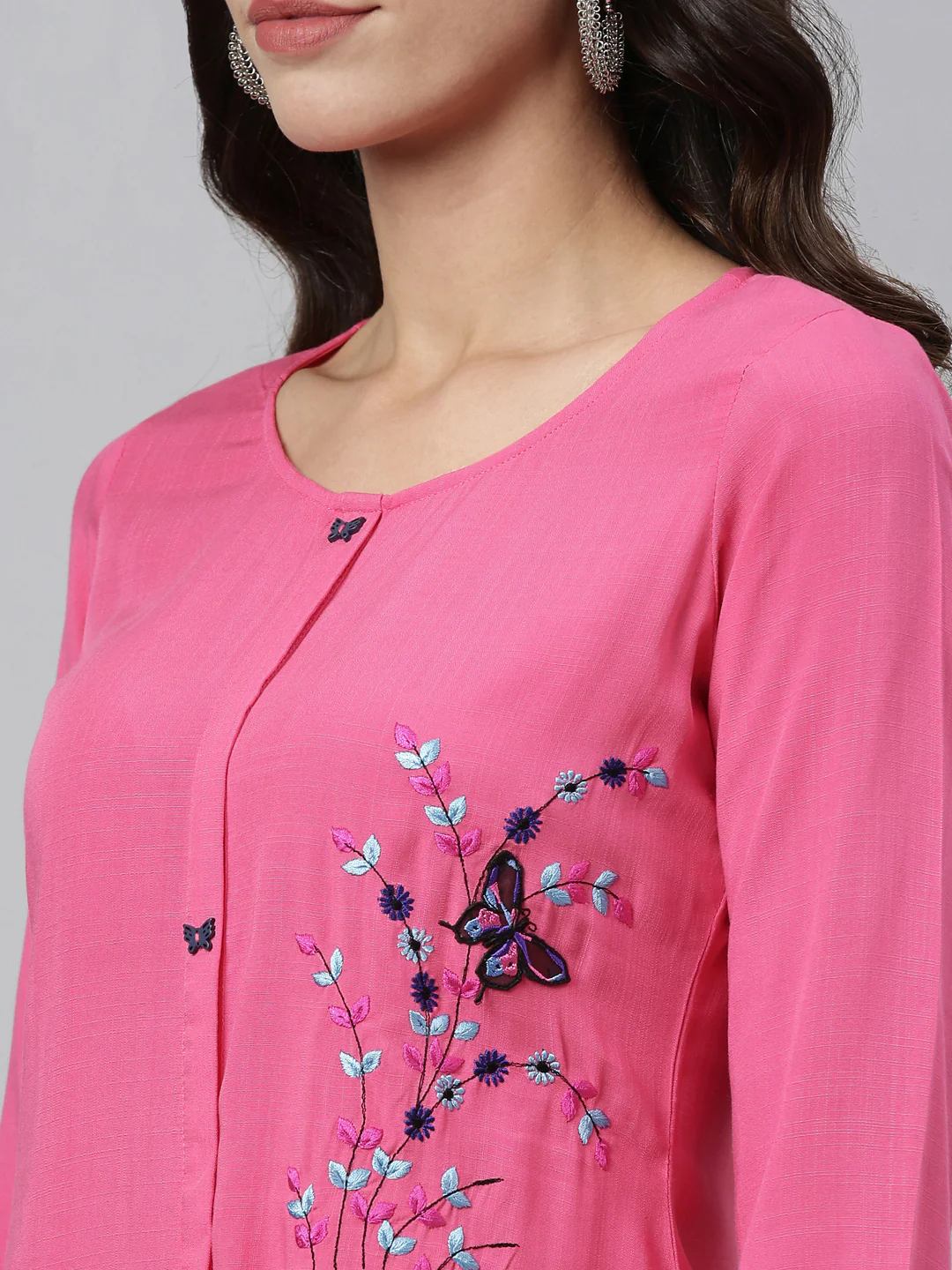 Neerus Pink Color Slub Rayon Fabric Kurta - Image 3