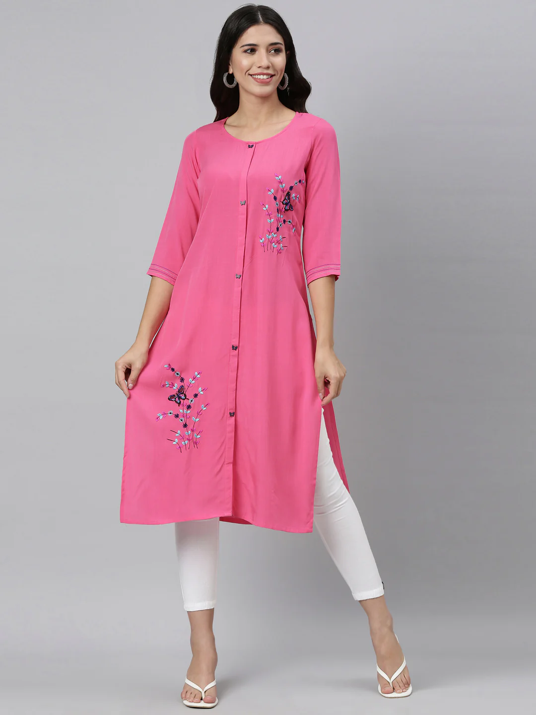 Neerus Pink Color Slub Rayon Fabric Kurta - Image 4