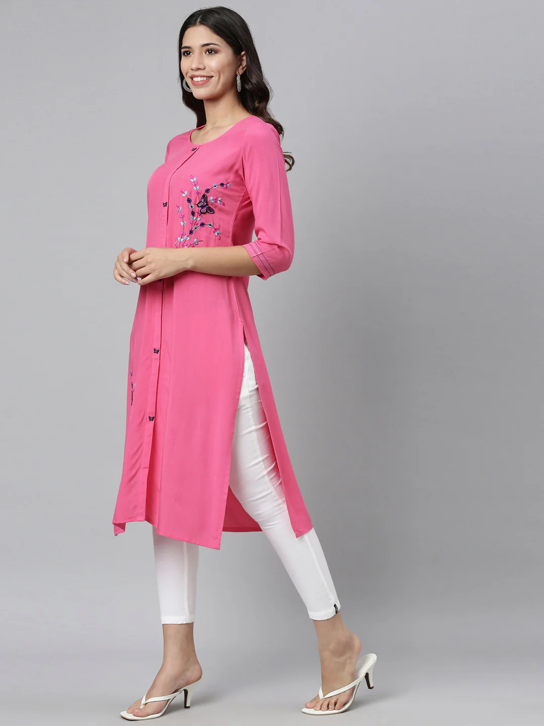 Neerus Pink Color Slub Rayon Fabric Kurta - Image 5