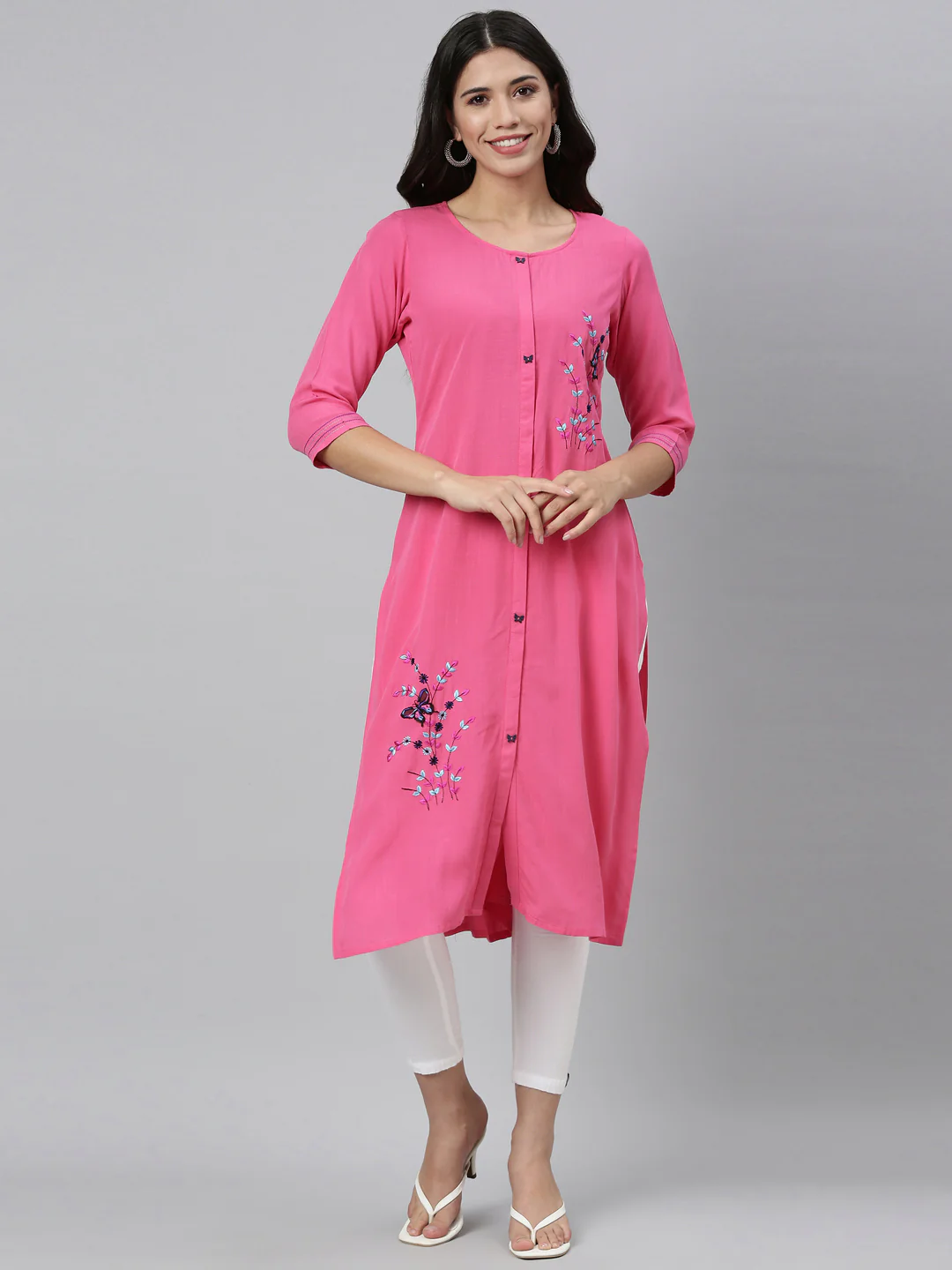 Neerus Pink Color Slub Rayon Fabric Kurta - Image 8