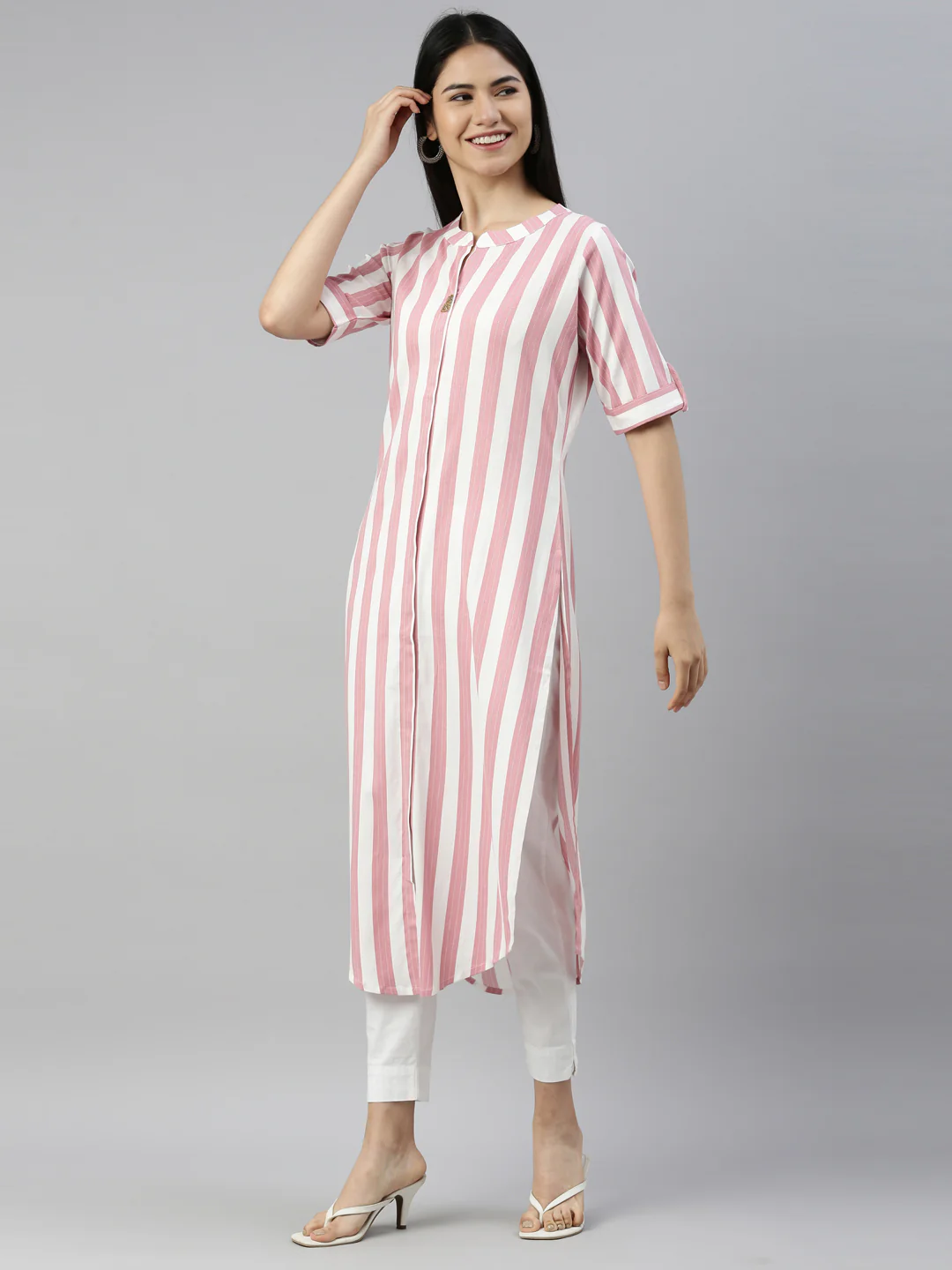 Neerus Pink Color Slub Rayon Fabric Kurta - Image 3