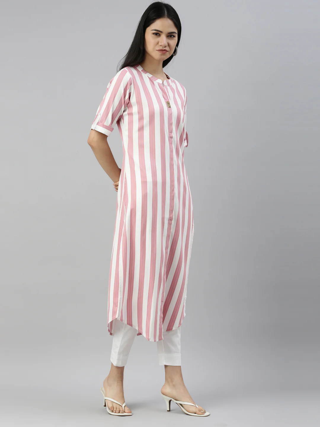 Neerus Pink Color Slub Rayon Fabric Kurta - Image 4