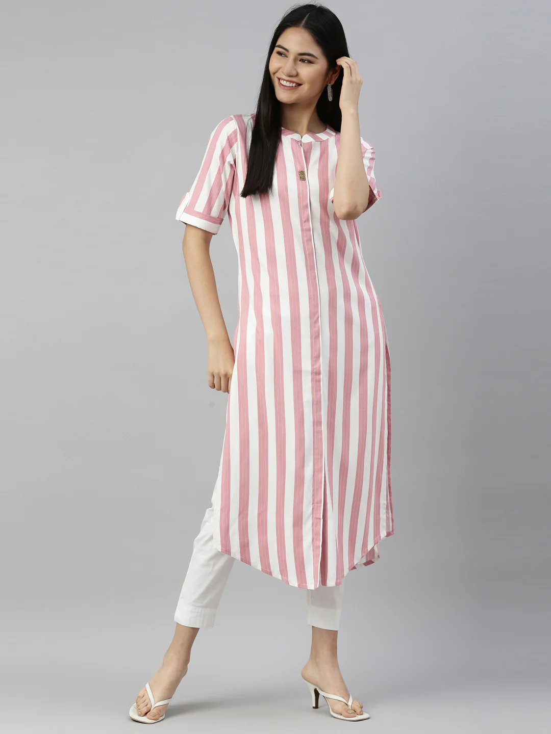 Neerus Pink Color Slub Rayon Fabric Kurta - Image 6