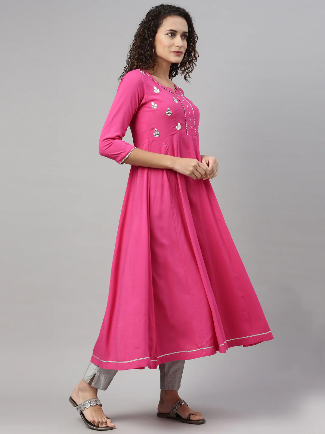 Neerus Pink Color Slub Rayon Fabric Kurta - Image 2