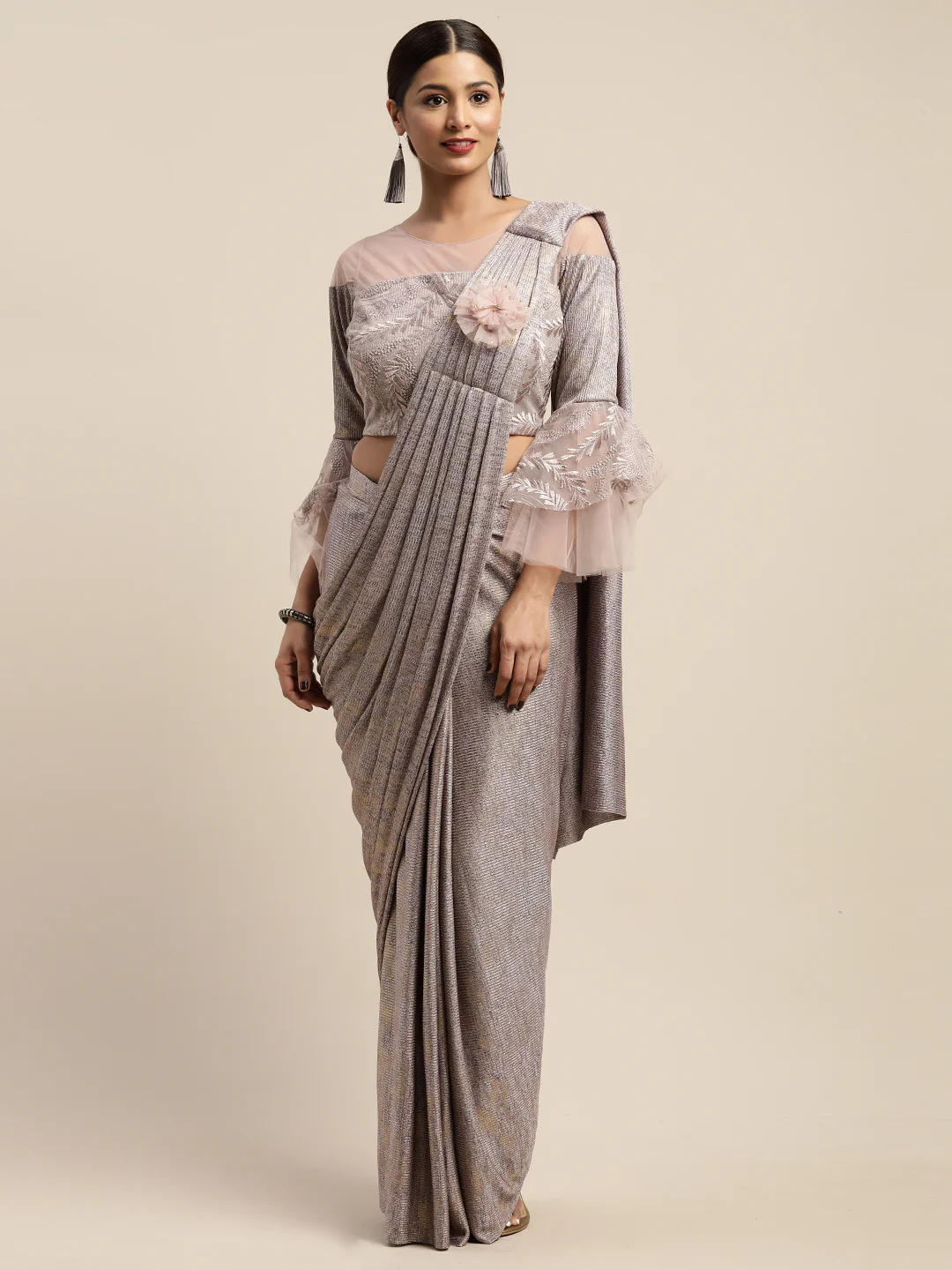 Neerus Pink Color Viscose Rayon Fabric Drape Saree With Stitched Blouse - Image 2