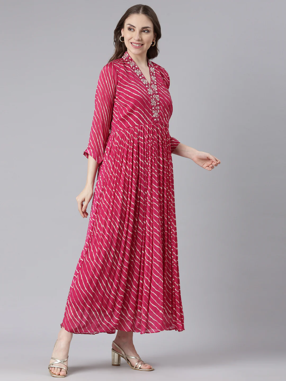 Neerus Pink Cotton Straight Casual Ethnic Motifs Maxi Dresses - Image 3