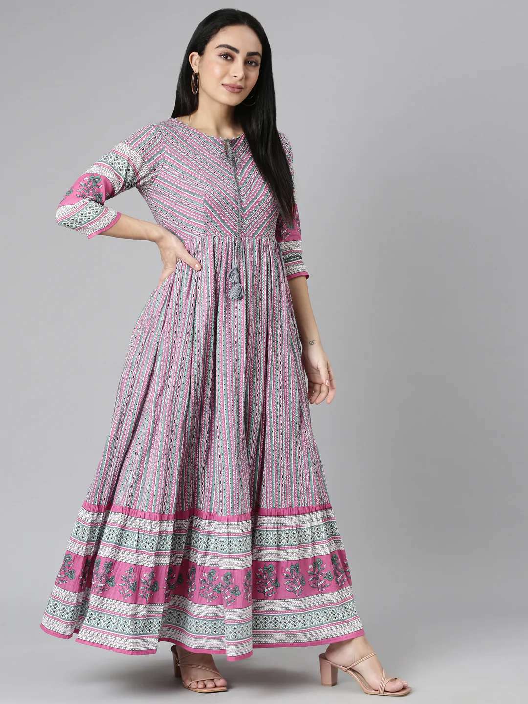 Neerus Pink Curved Casual Ethnic Motifs Maxi Dresses - Image 5