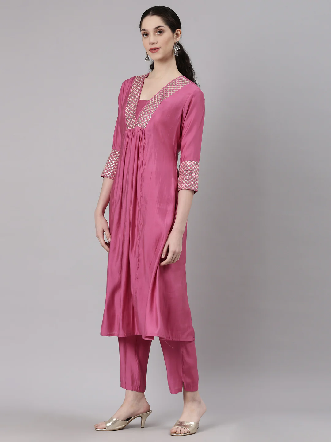 Neerus Pink Curved Casual Solid Kurta and Trouser - Image 2