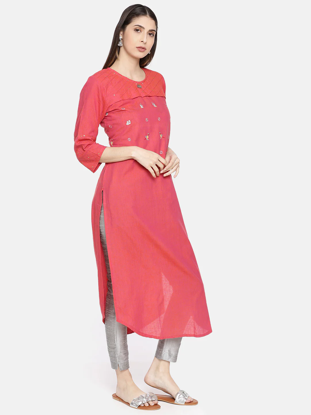 Neerus Pink Embellished A Line Kurta - Image 3