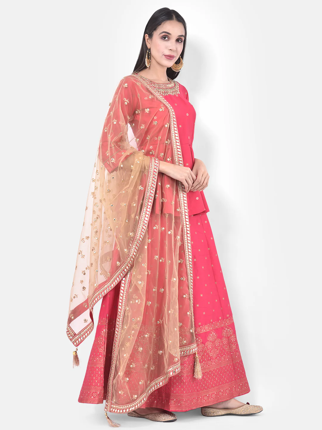 Neerus Pink Embellished Kurti With Skirt & Dupatta