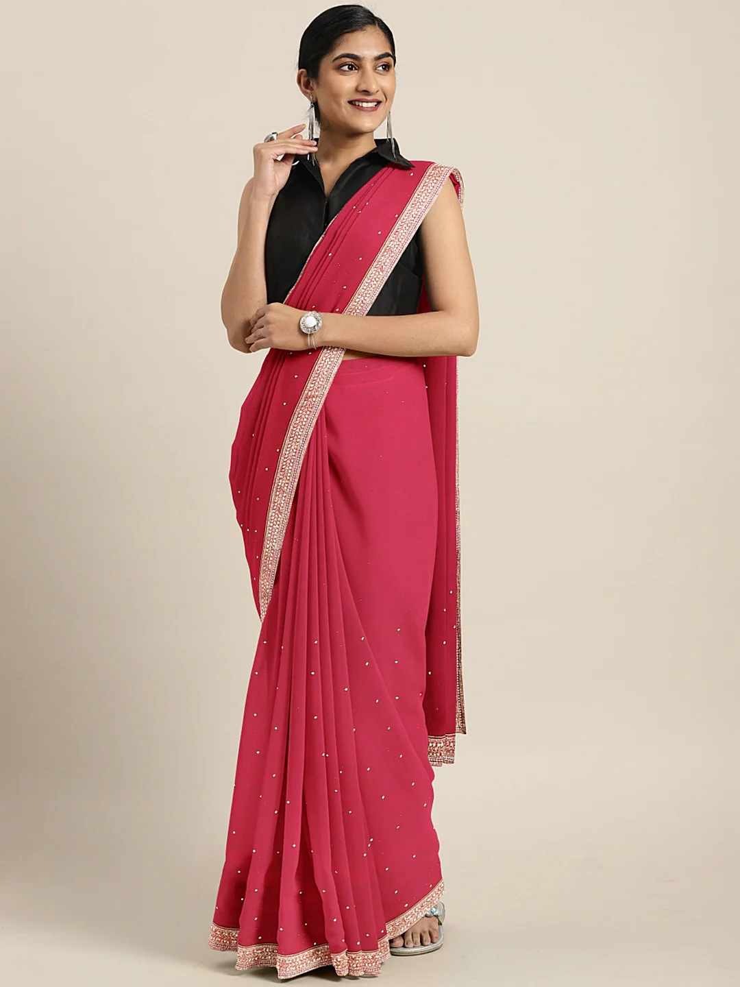 Neerus Pink Embellished Saree With Blouse