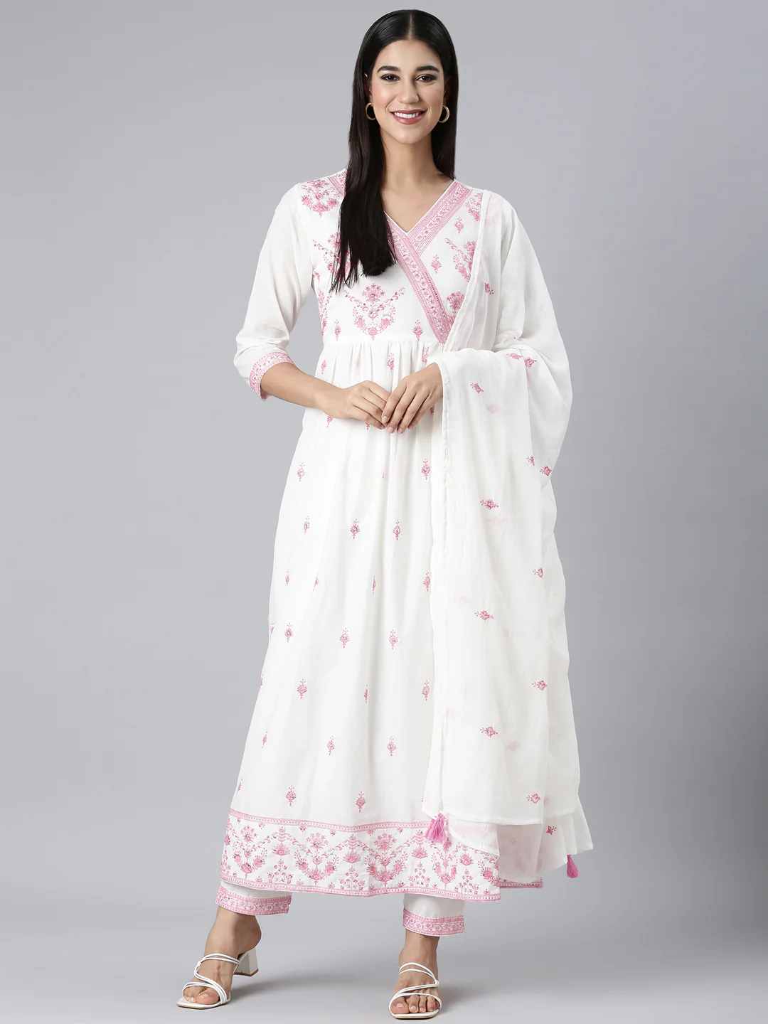Neerus Pink Embroidered Curved Kurta and Trousers With Dupatta - Image 5