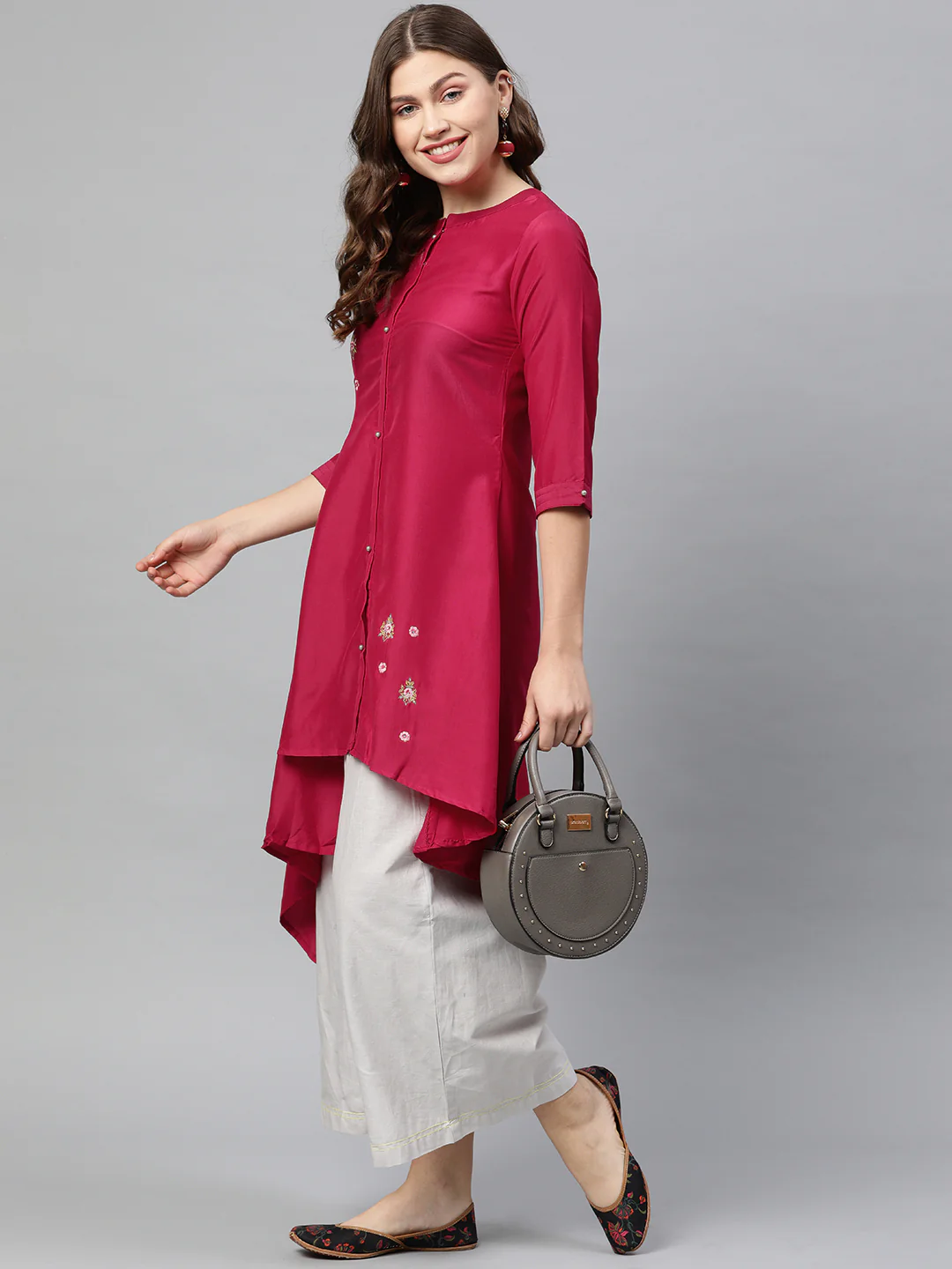 Neerus Pink Embroidered High Low Kurta - Image 5