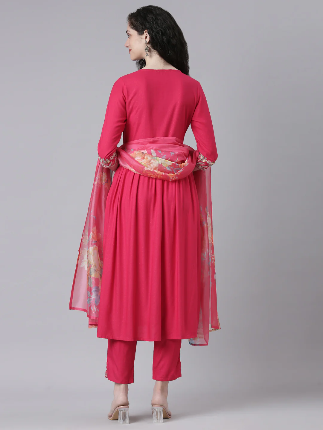 Neerus Pink Embroidered Straight Kurta and Trousers With Dupatta - Image 3