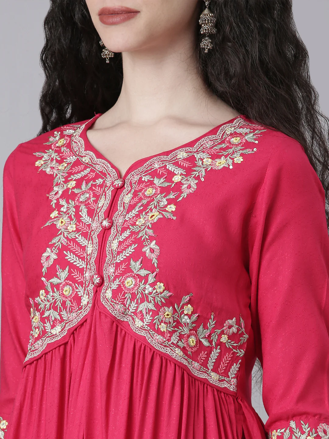 Neerus Pink Embroidered Straight Kurta and Trousers With Dupatta - Image 4