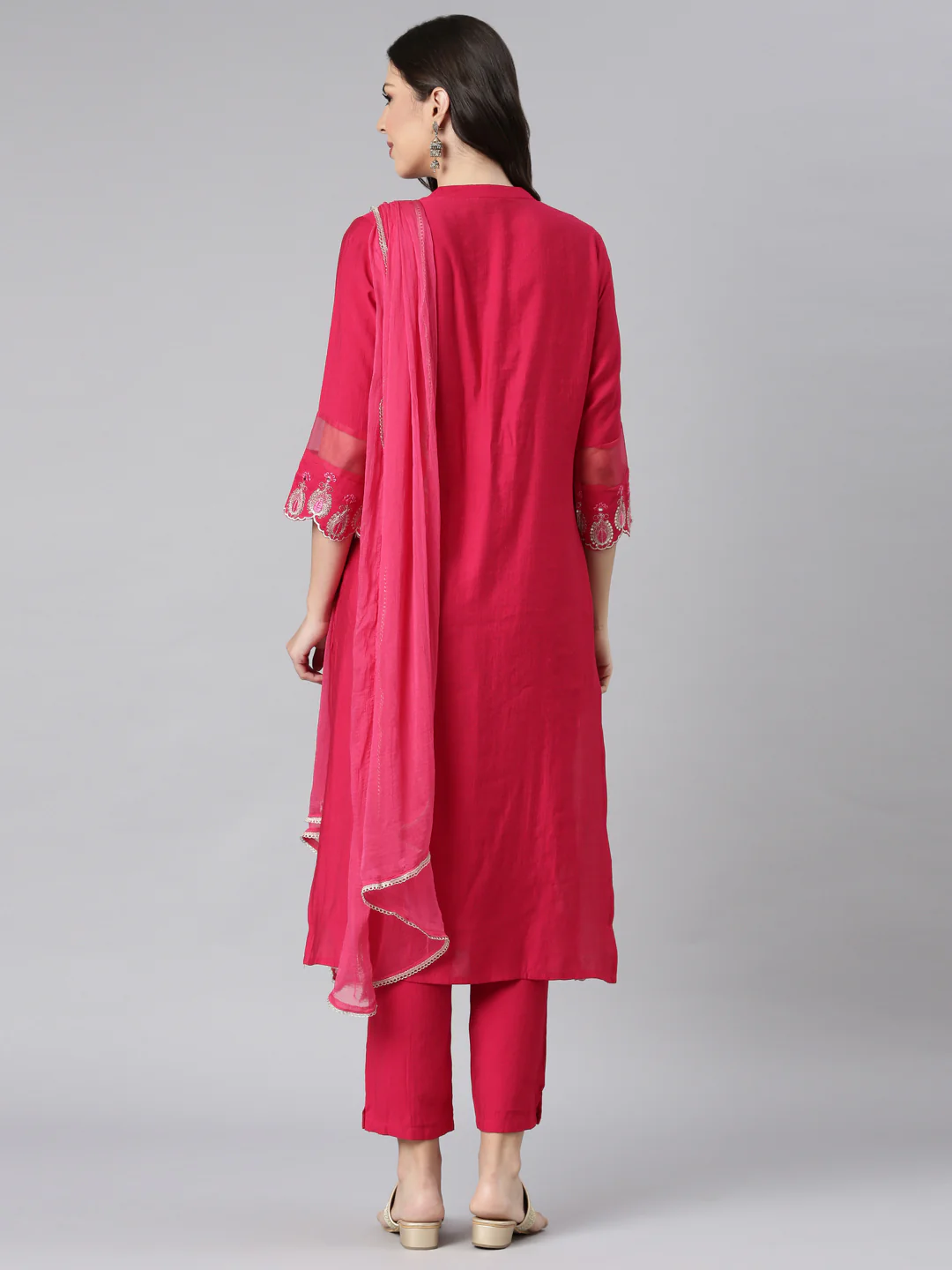 Neerus Pink Embroidered Straight Kurta and Trousers With Dupatta - Image 3