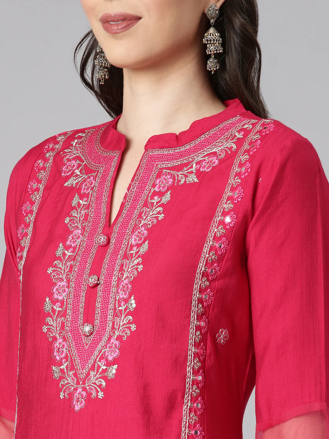 Neerus Pink Embroidered Straight Kurta and Trousers With Dupatta - Image 4