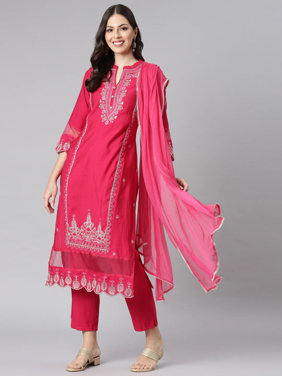 Neerus Pink Embroidered Straight Kurta and Trousers With Dupatta - Image 5