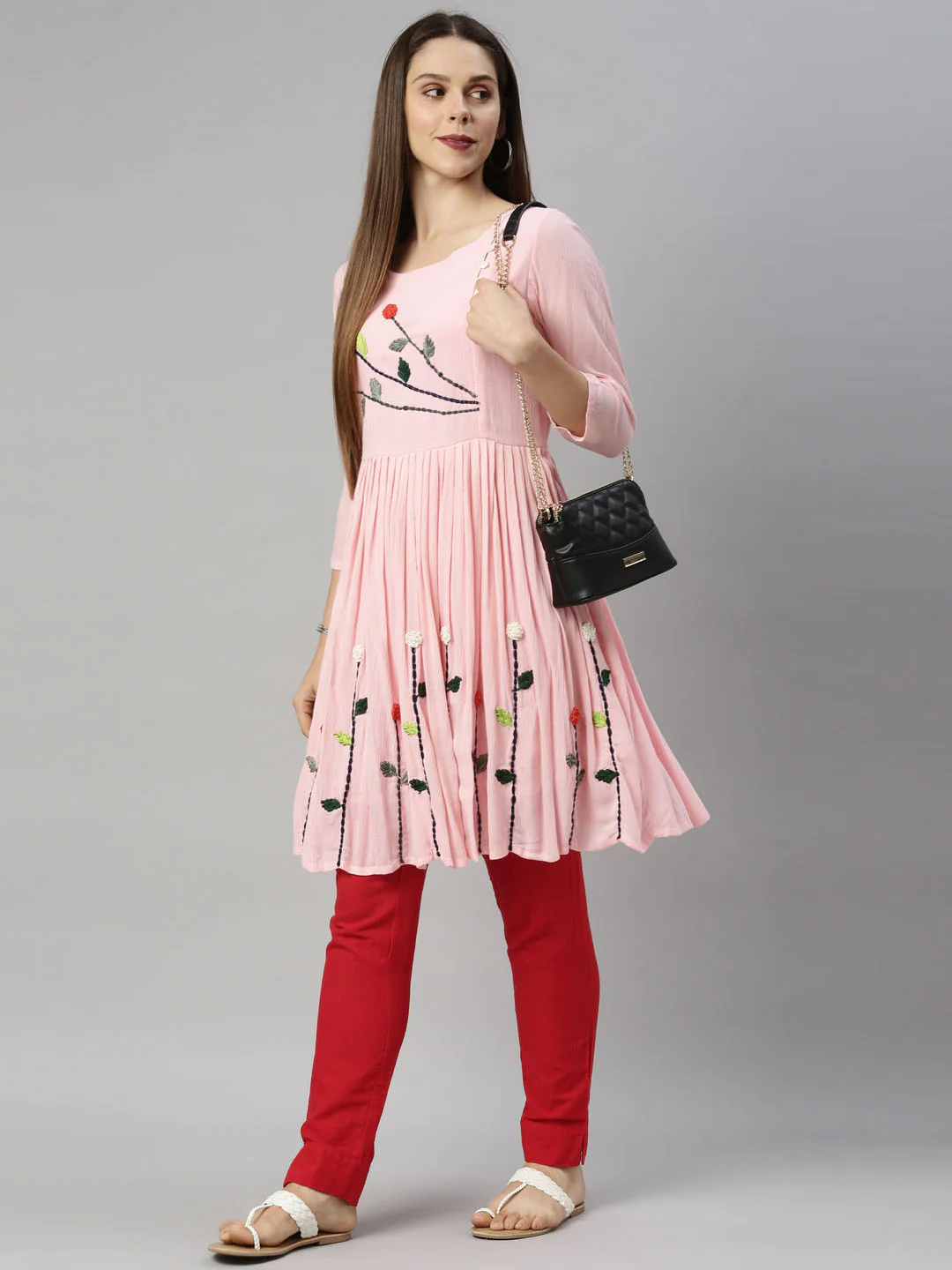 Neerus Pink Embroidered Thread Work Thread Work Empire Kurti