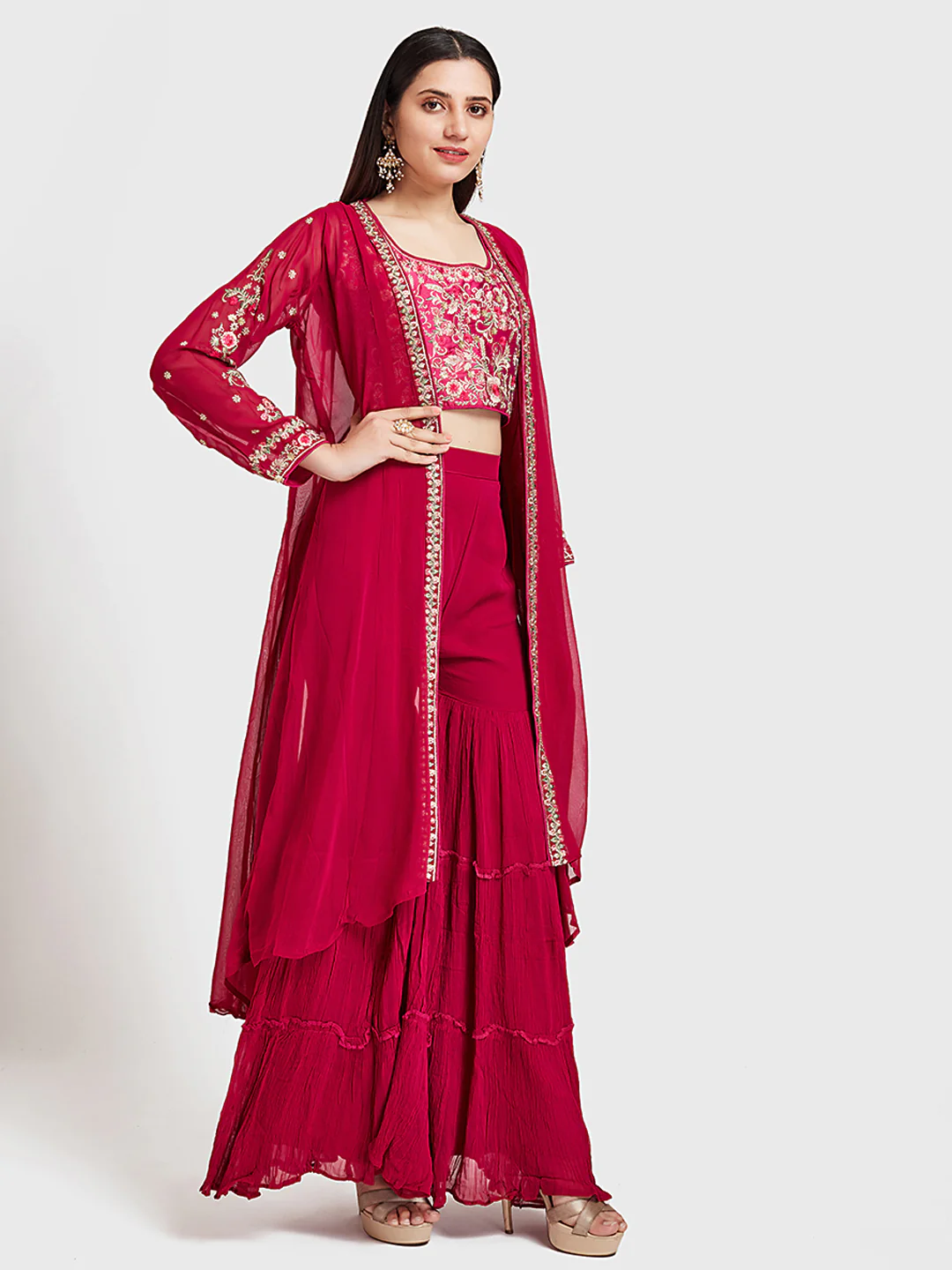 Neerus Pink Embroidered Top & Sharara Set With Shrug
