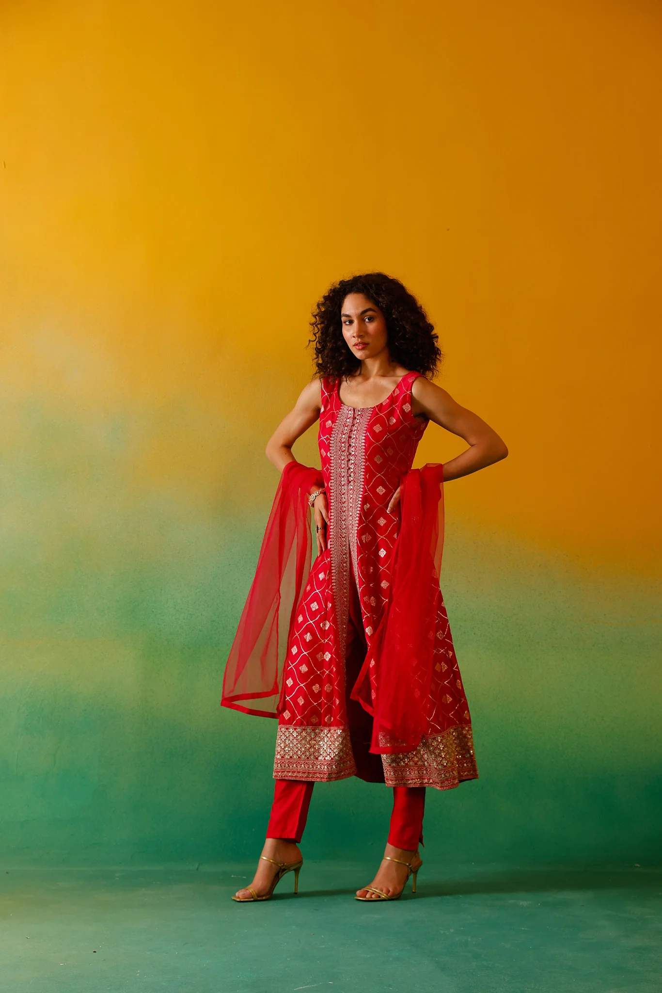Neerus Pink Embroidery Banaras Fabric Anarkali Trouser and Dupatta - Image 6