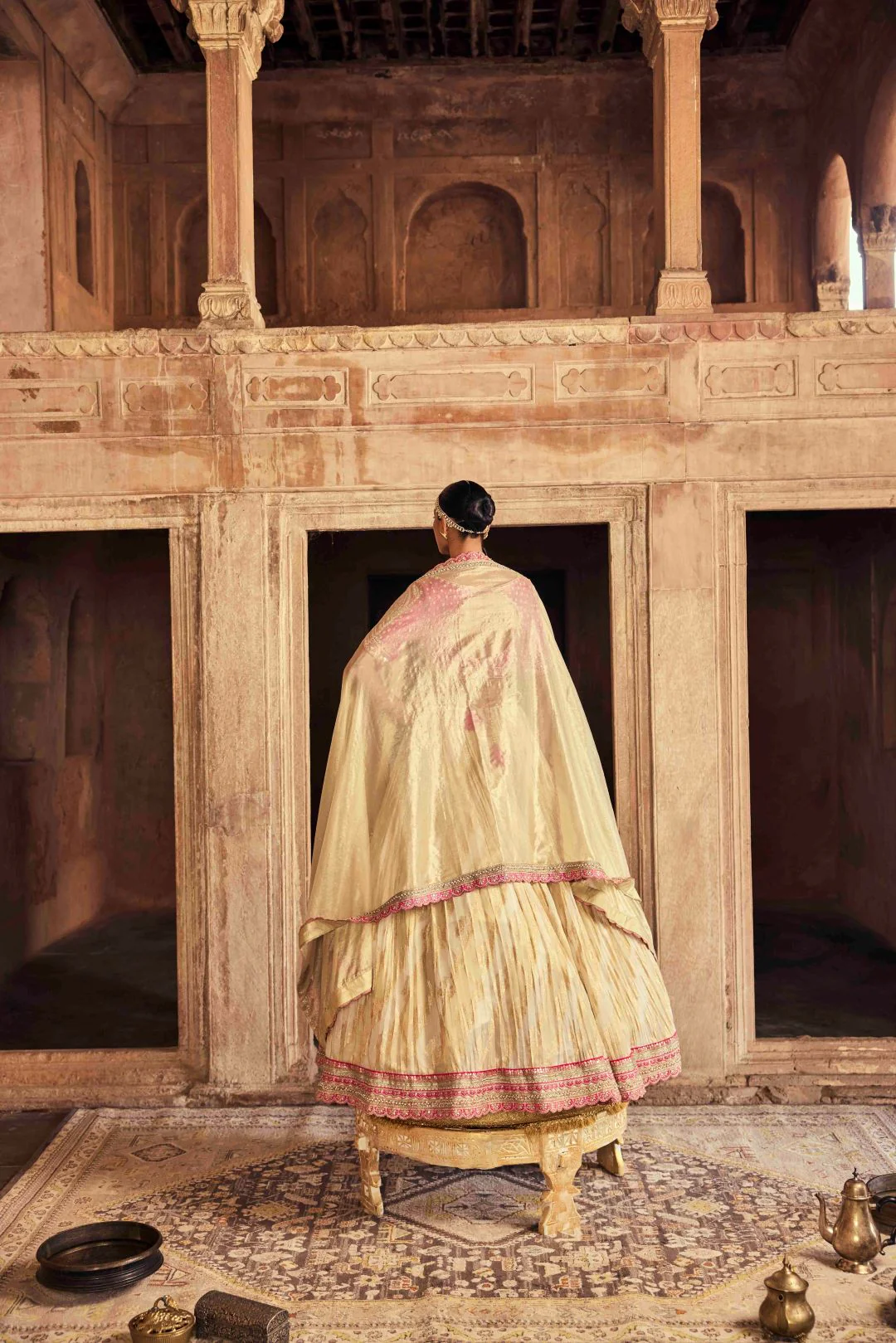 Neerus Pink Embroidery Work Tissue Fabric Ghagra Set - Image 3
