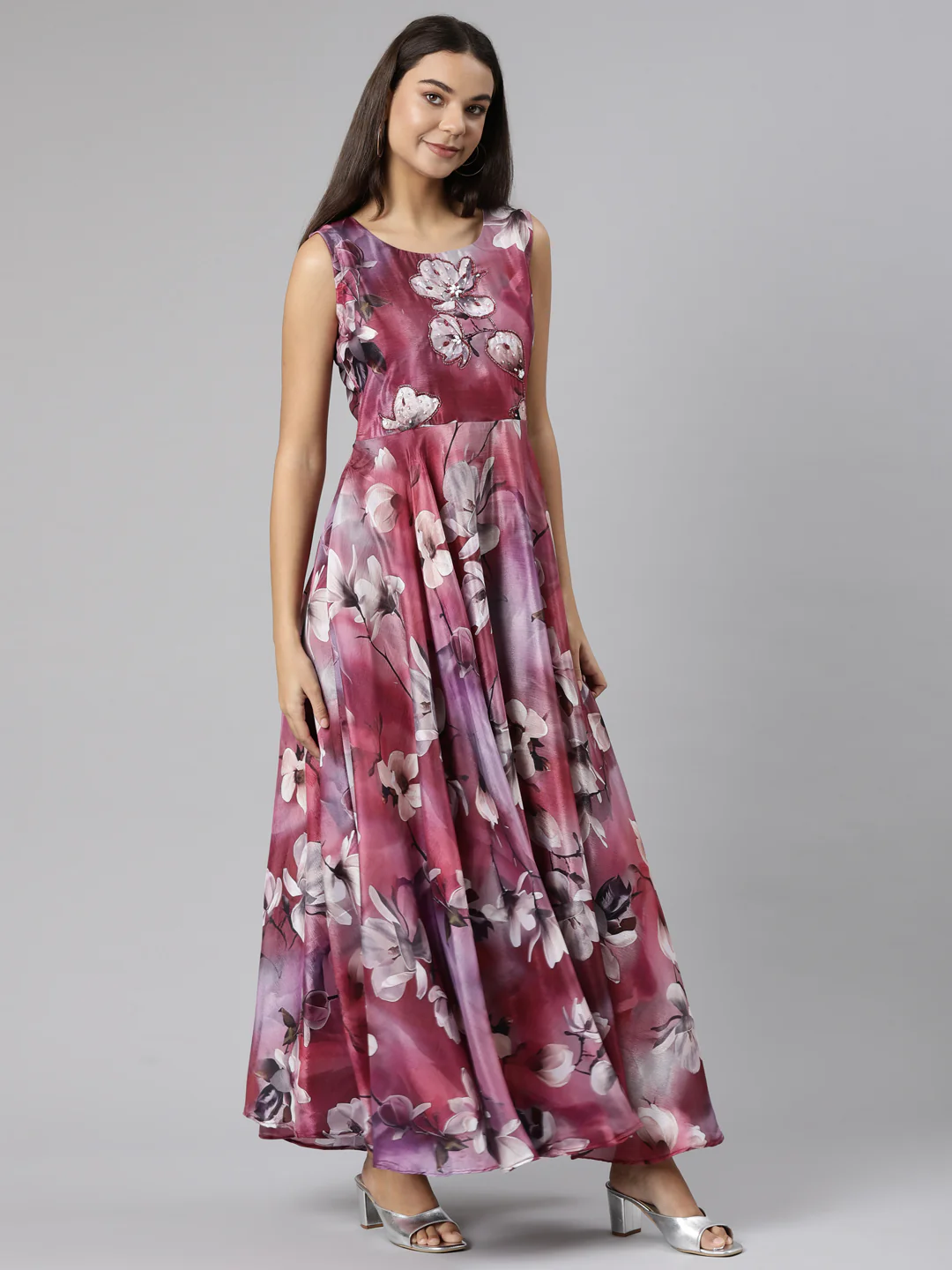 Neerus Pink Flared Casual Floral Dresses - Image 2