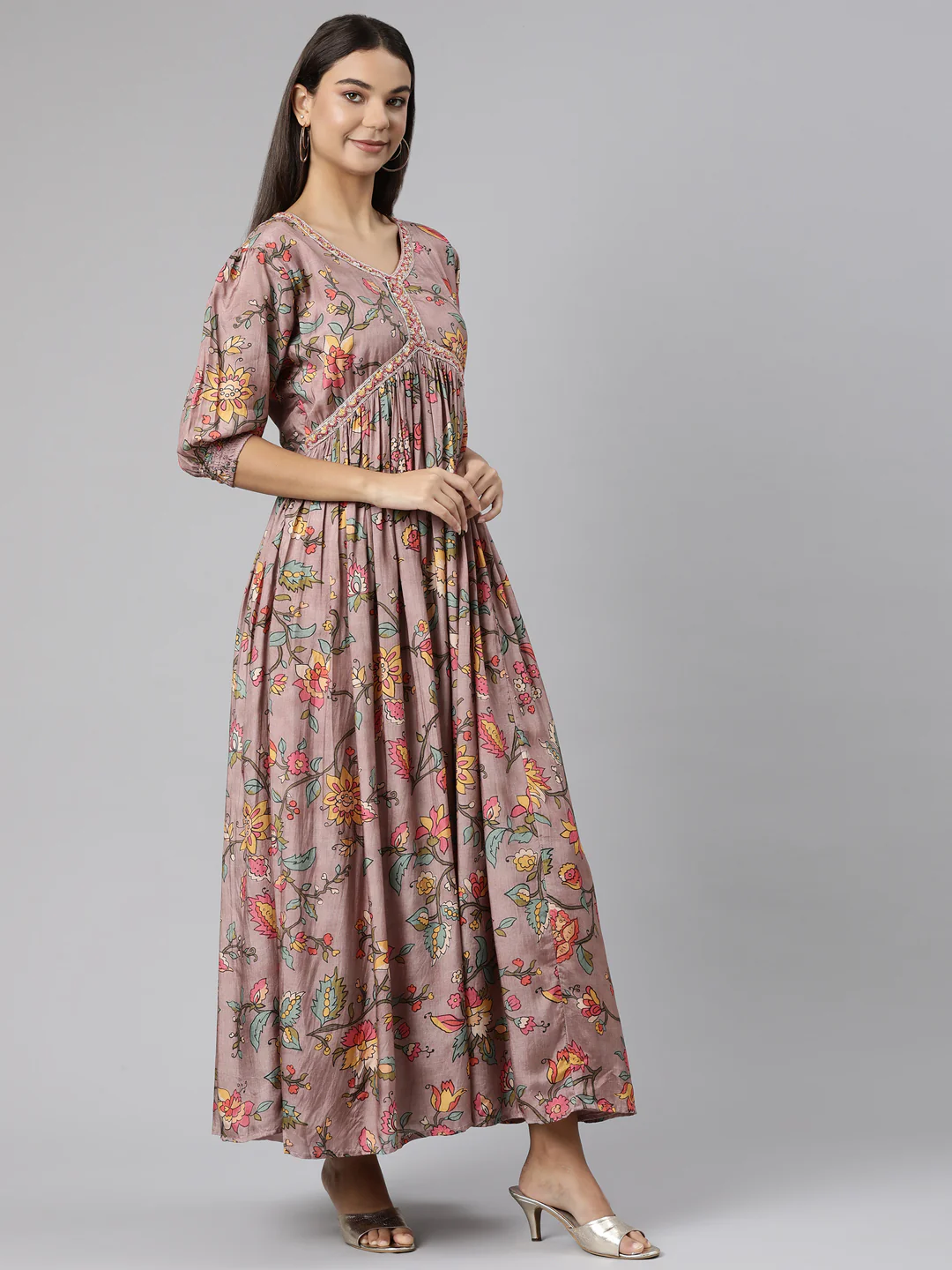 Neerus Pink Flared Casual Floral Dresses - Image 2