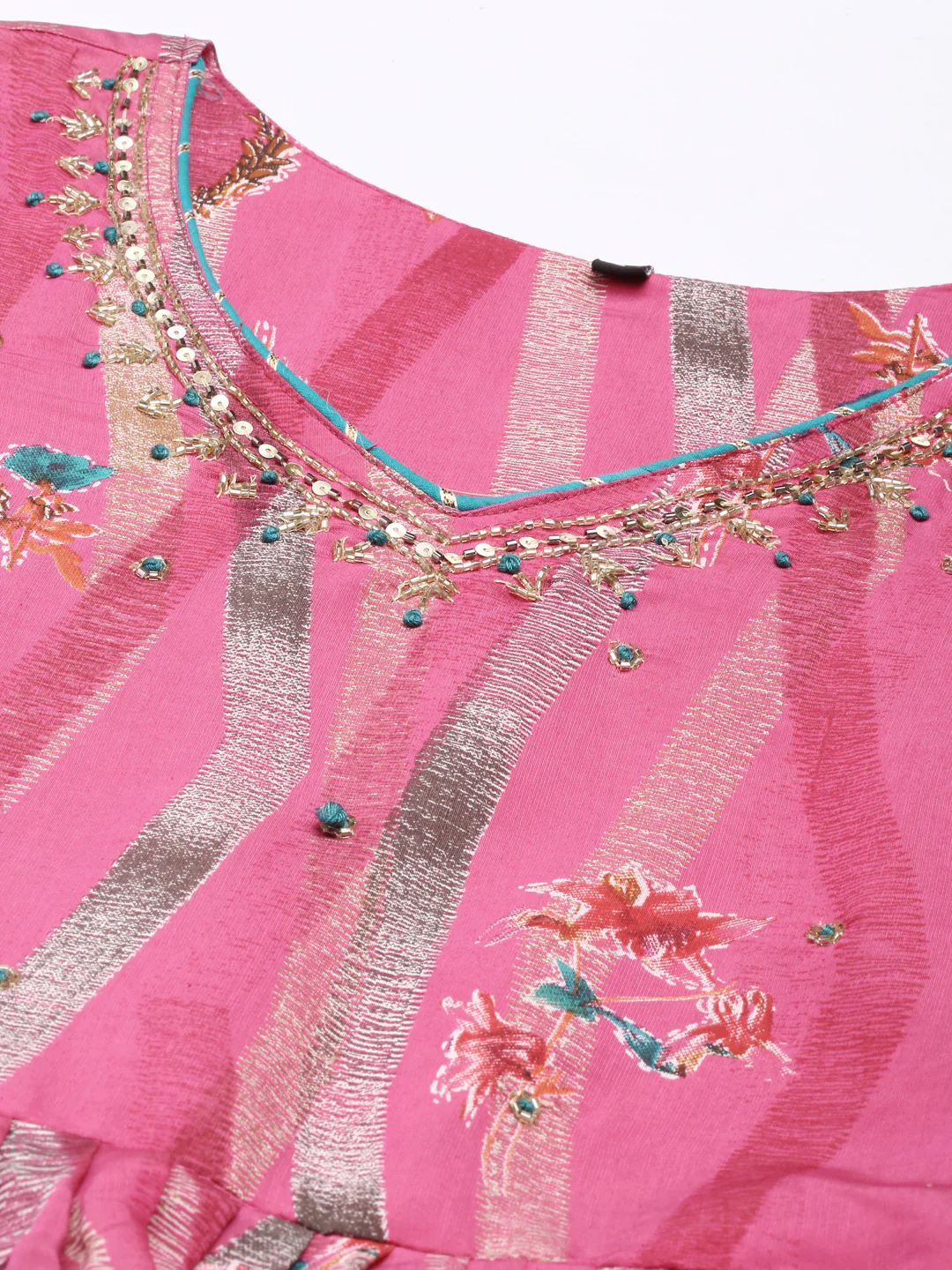 Neerus Pink Flared Casual Floral Dresses - Image 2