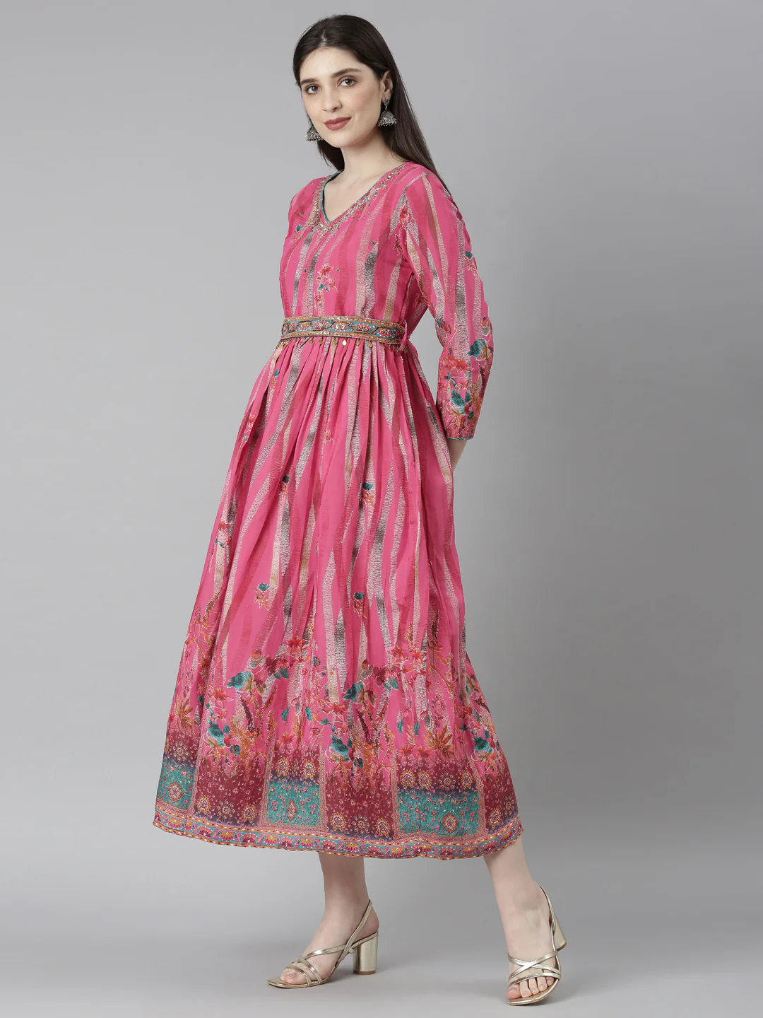 Neerus Pink Flared Casual Floral Dresses - Image 3