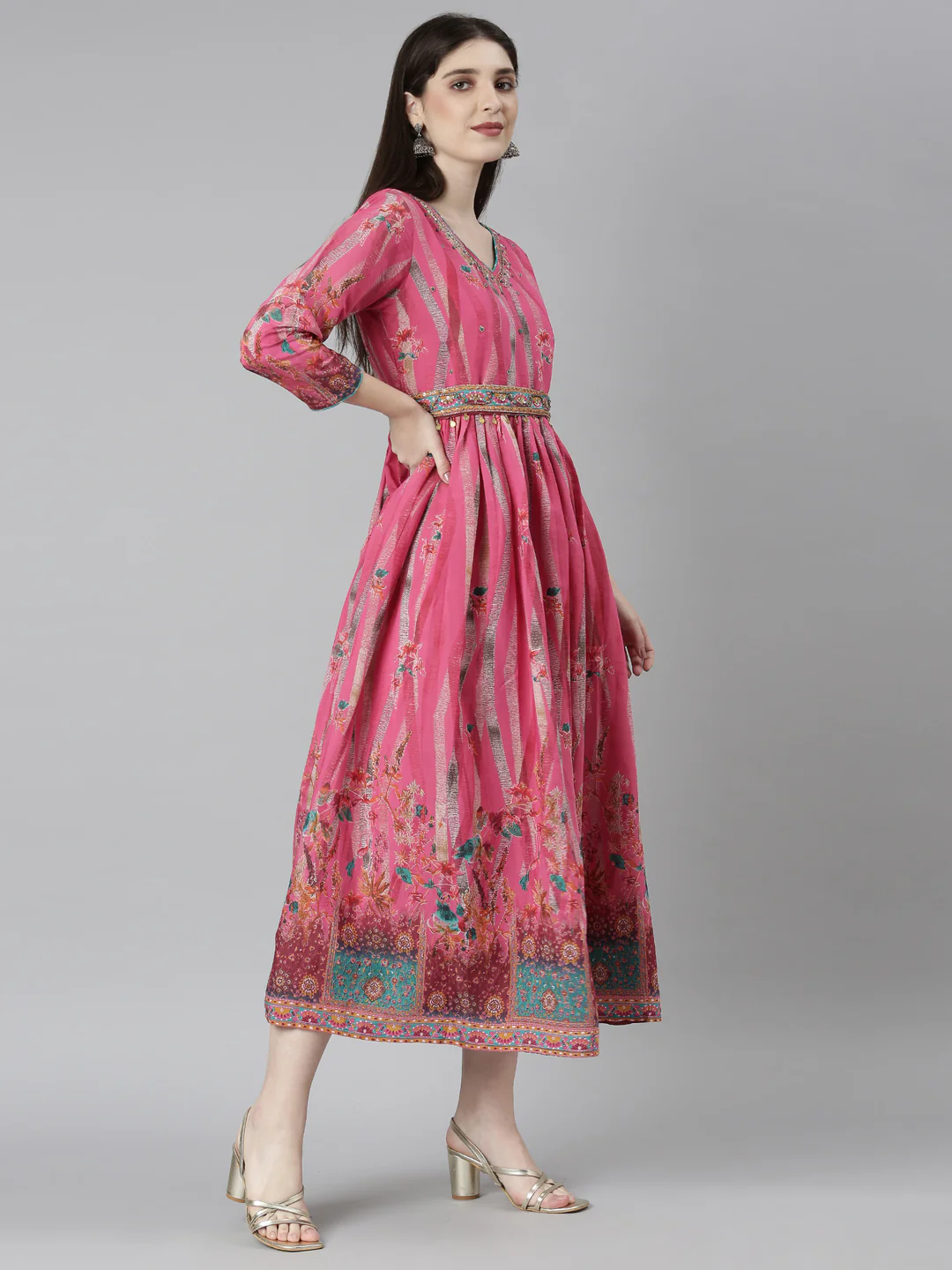 Neerus Pink Flared Casual Floral Dresses - Image 4