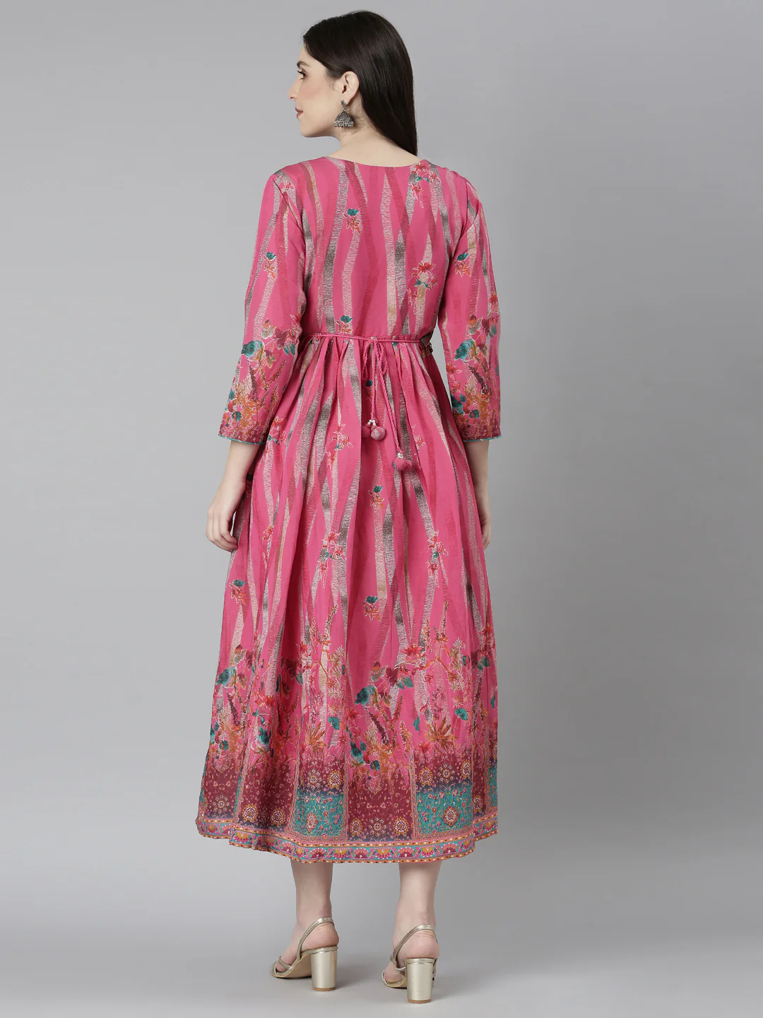 Neerus Pink Flared Casual Floral Dresses - Image 5