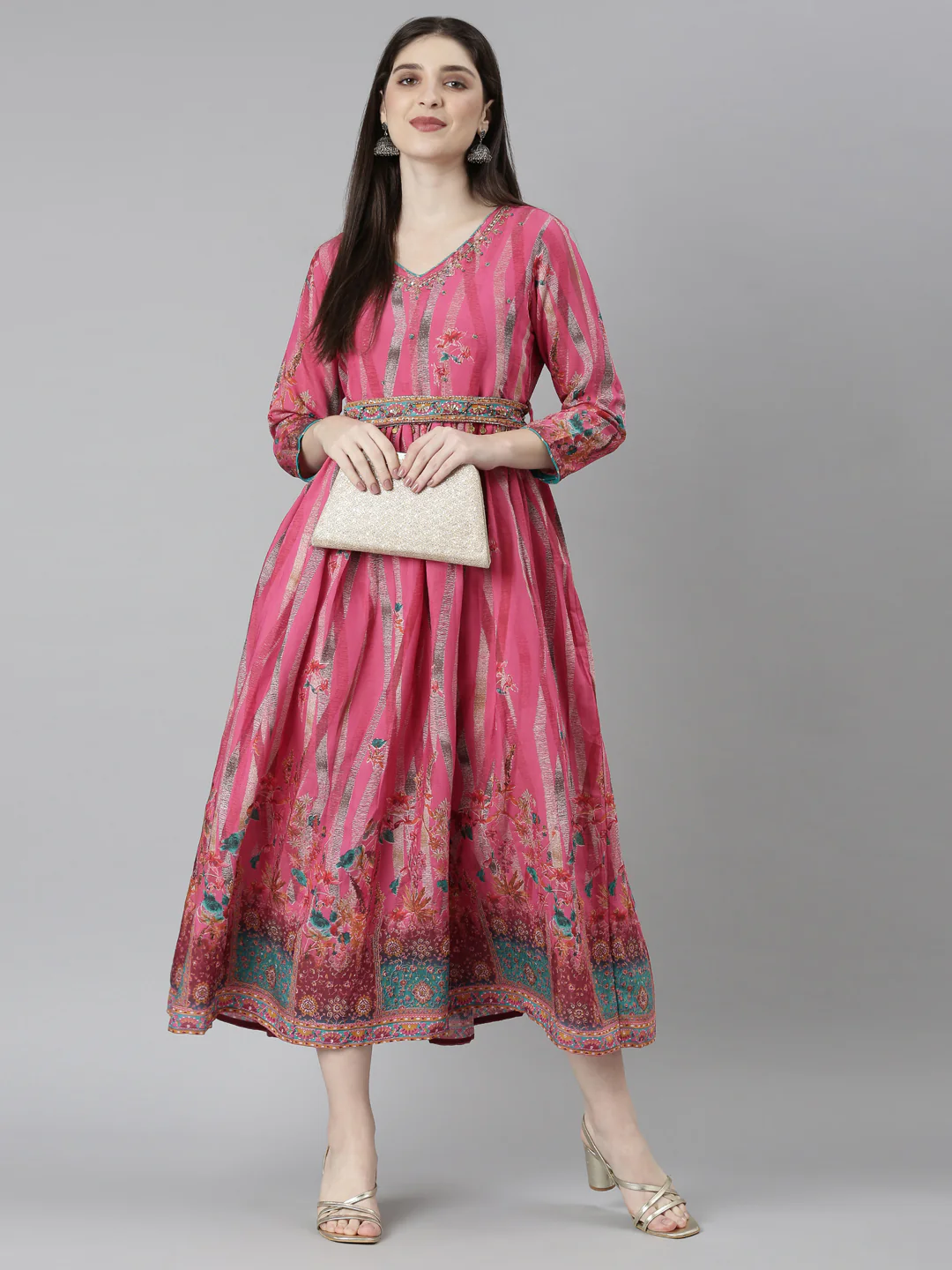 Neerus Pink Flared Casual Floral Dresses - Image 6
