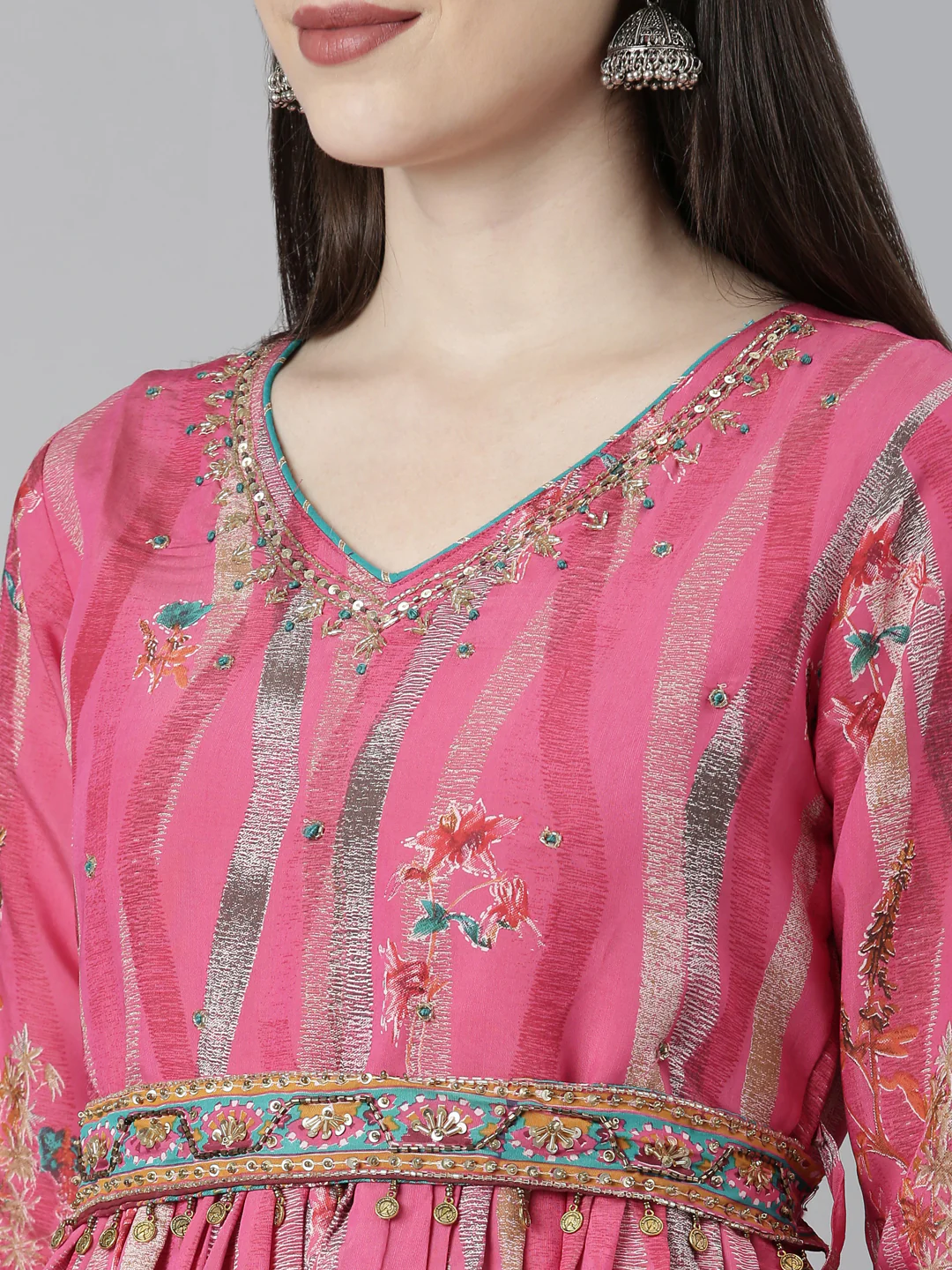 Neerus Pink Flared Casual Floral Dresses - Image 7