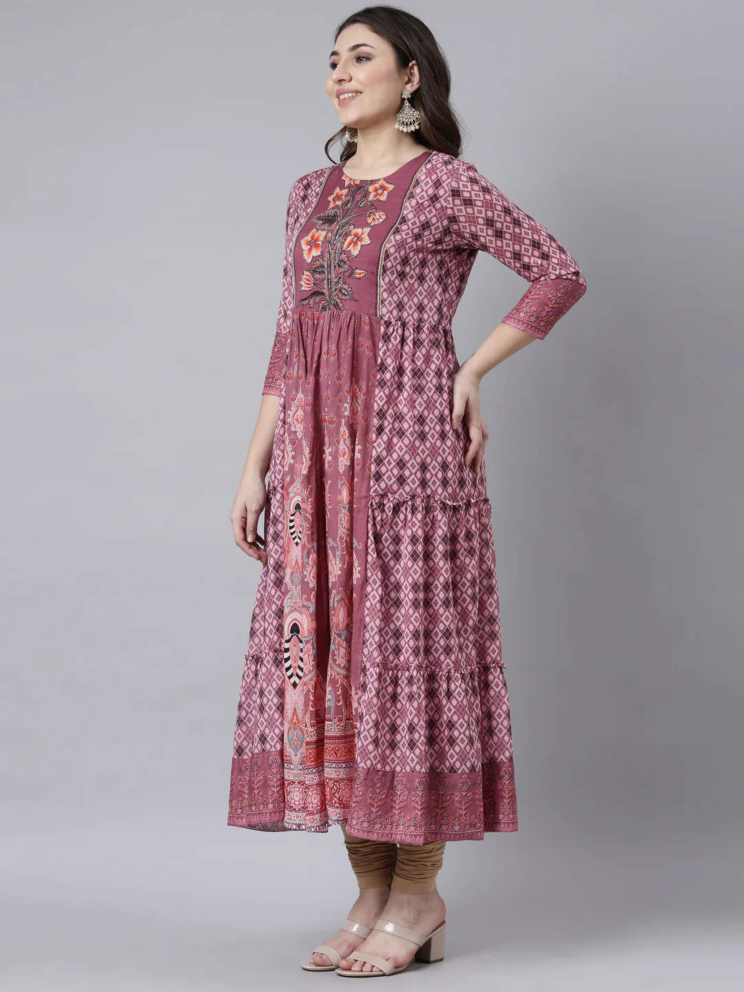 Neerus Pink Flared Casual Floral Fit and Flare Dresses - Image 2