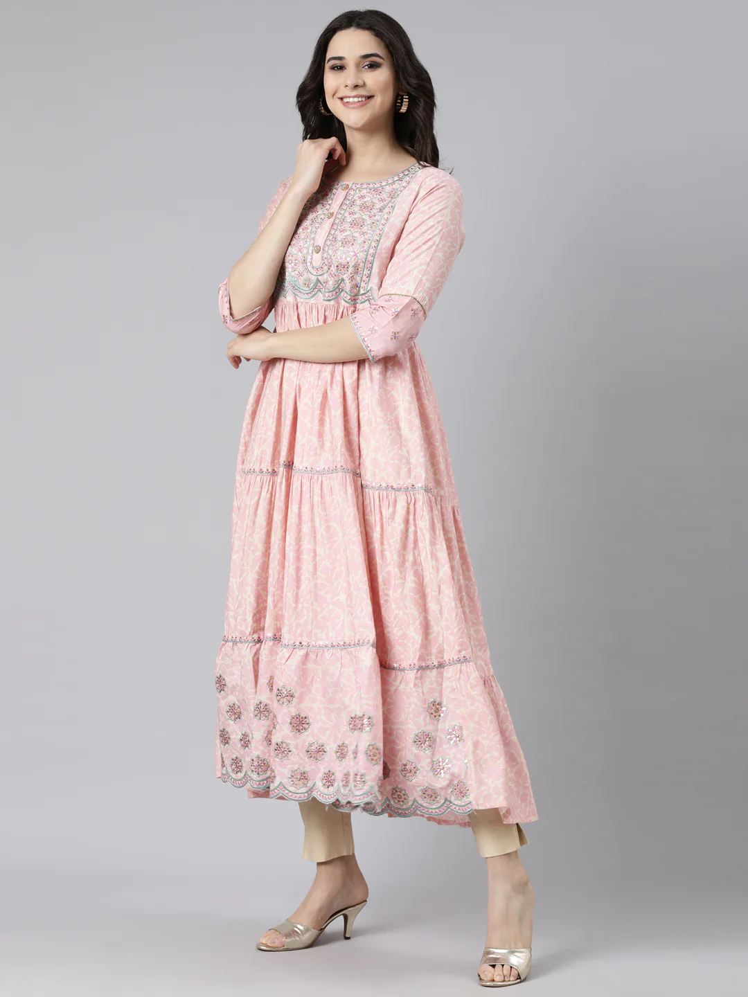 Neerus Pink Flared Casual Floral Maxi Dresses - Image 2