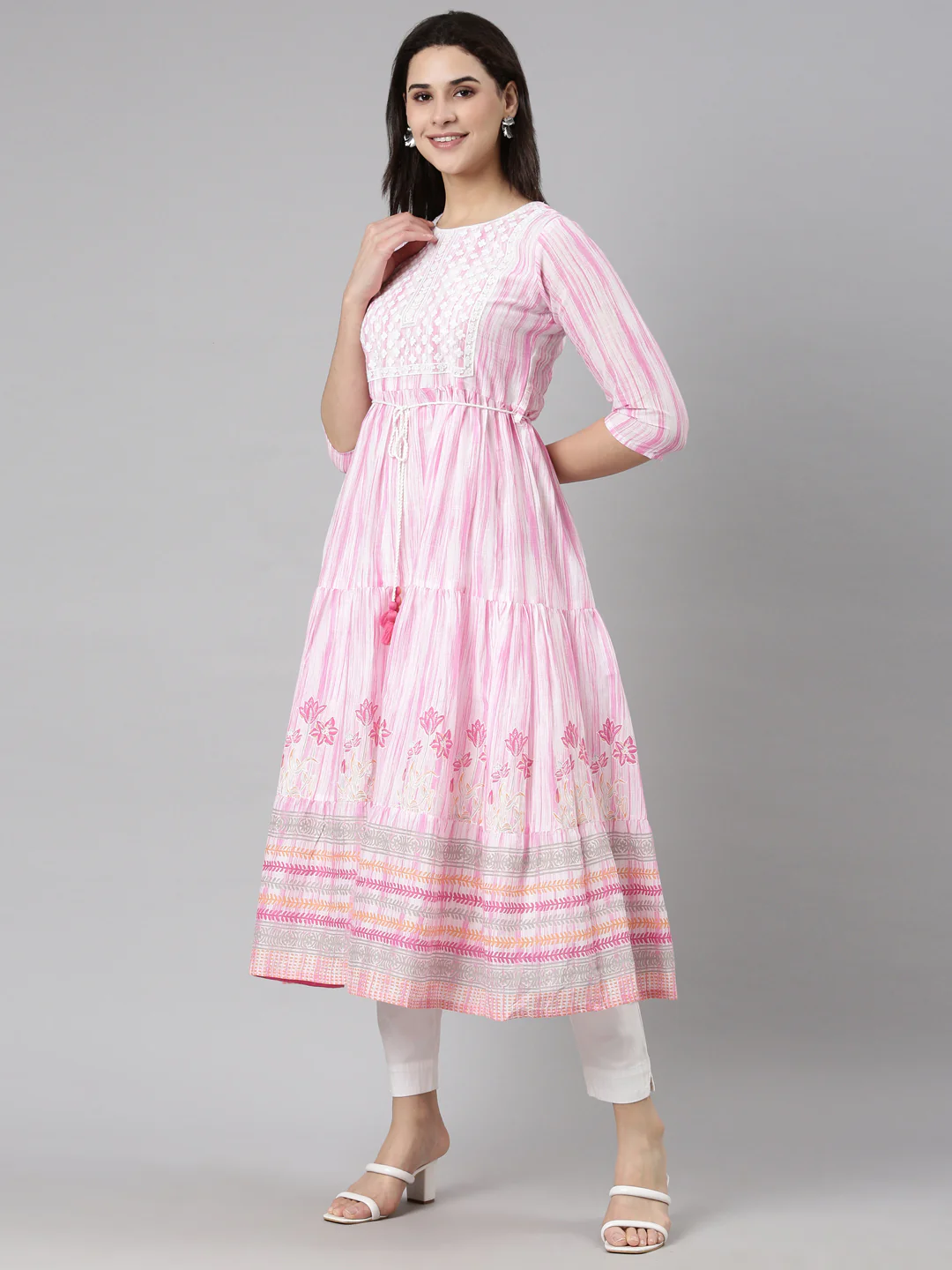 Neerus Pink Flounce Casual Floral Fit and Flare Dresses - Image 2