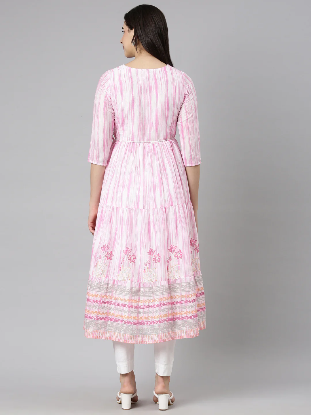 Neerus Pink Flounce Casual Floral Fit and Flare Dresses - Image 3